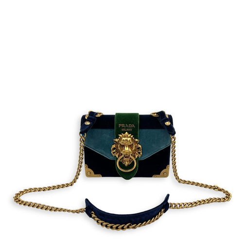 Prada Velluto Lions Shoulder Bag Blue in Velvet, Gold hardware_11