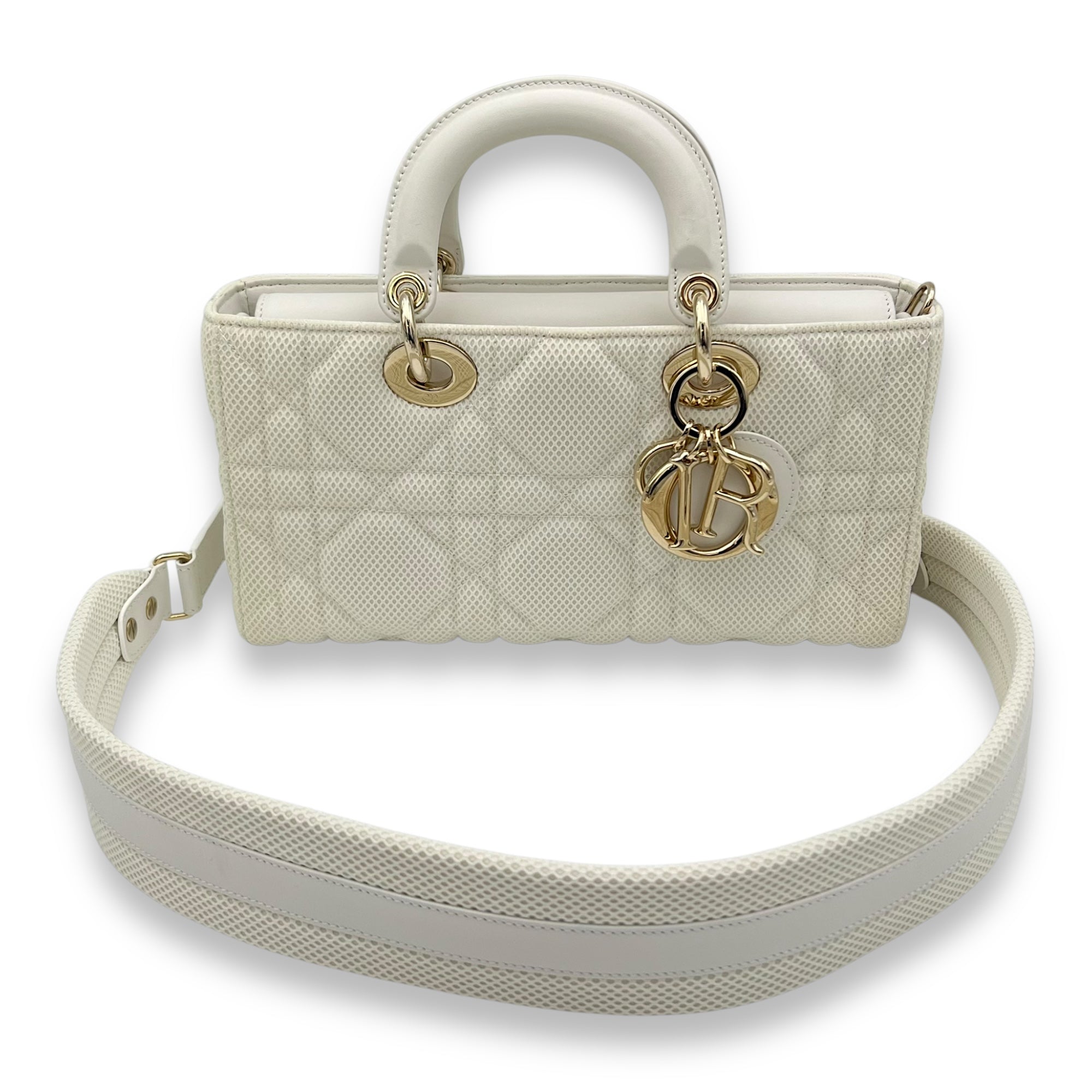 Christian Dior Lady D-Joy Maxi White Top Handle Bag in Mesh, Light Gold hardware_8