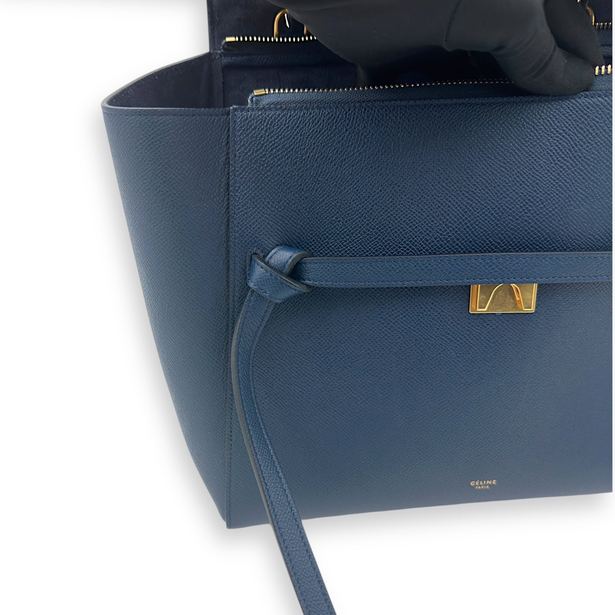 Celine Luggage Mini Blue Top Handle Bag in Caviar Leather, Gold hardware_15