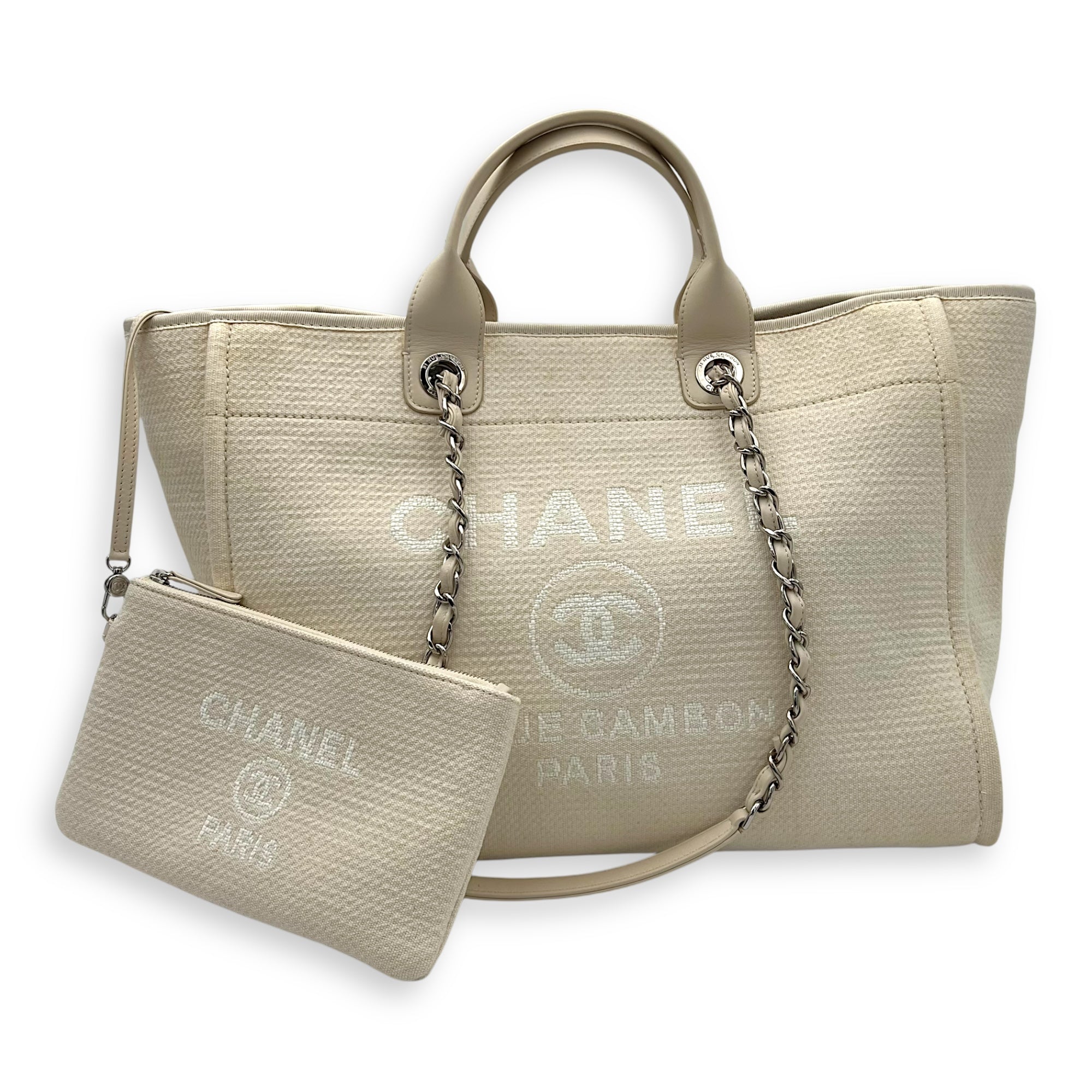 Chanel Deauville Tote Bag White in Canvas, Silver hardware_11