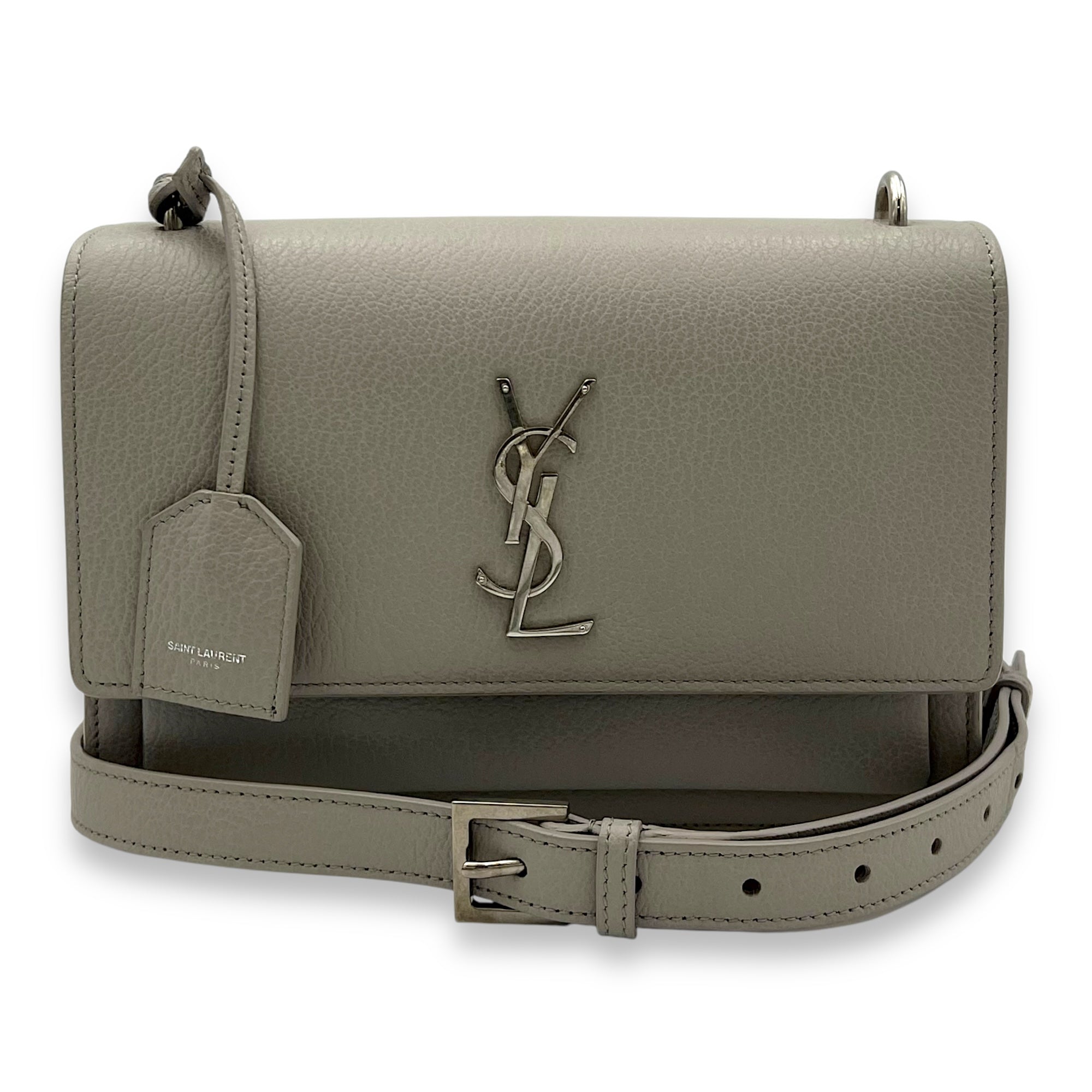 Saint Laurent Sunset Crossbody Bag Grey in Calfskin, Silver hardware_11