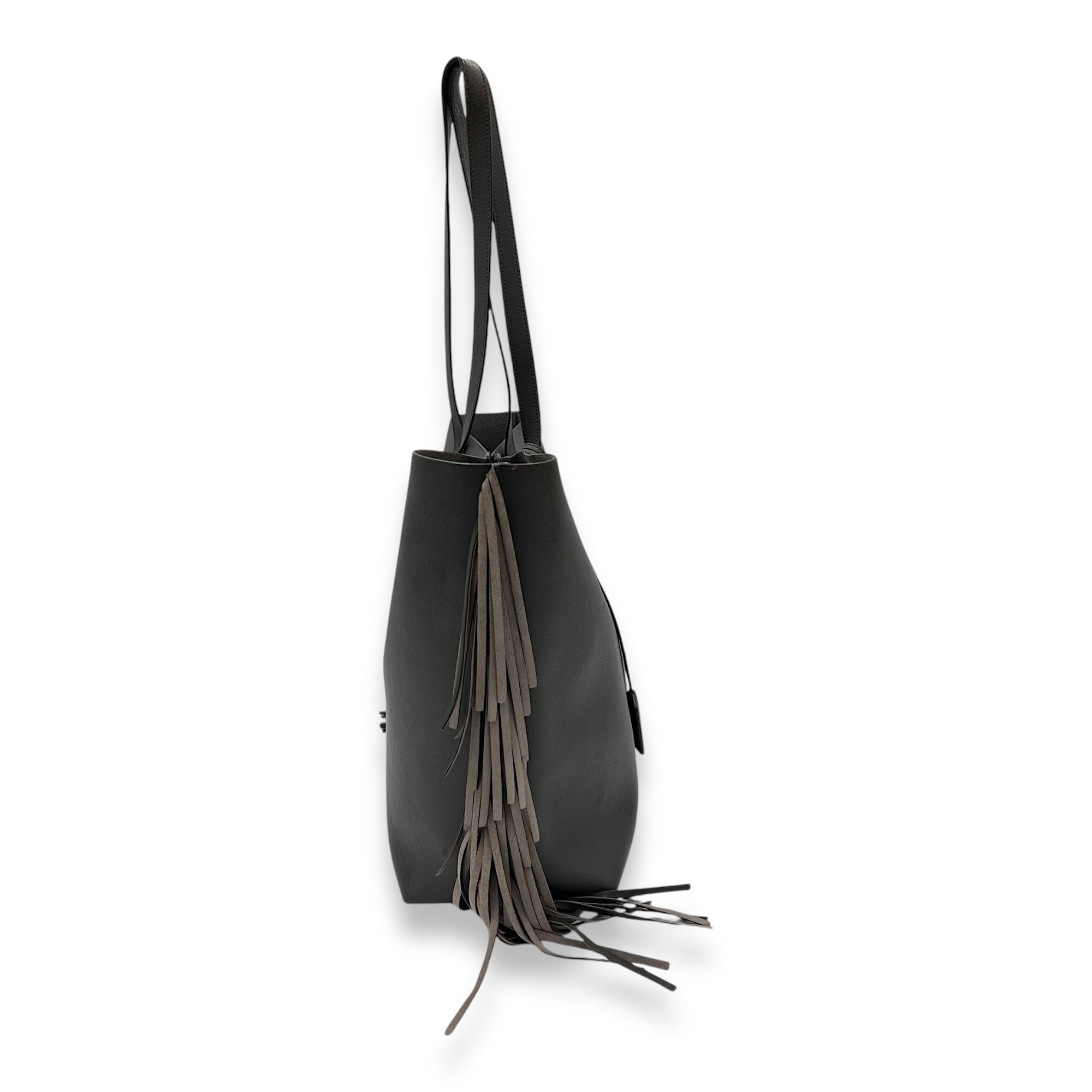 Saint Laurent East West Shopping Fringe Tote Bag Grey in Calfskin, Silver hardware_3