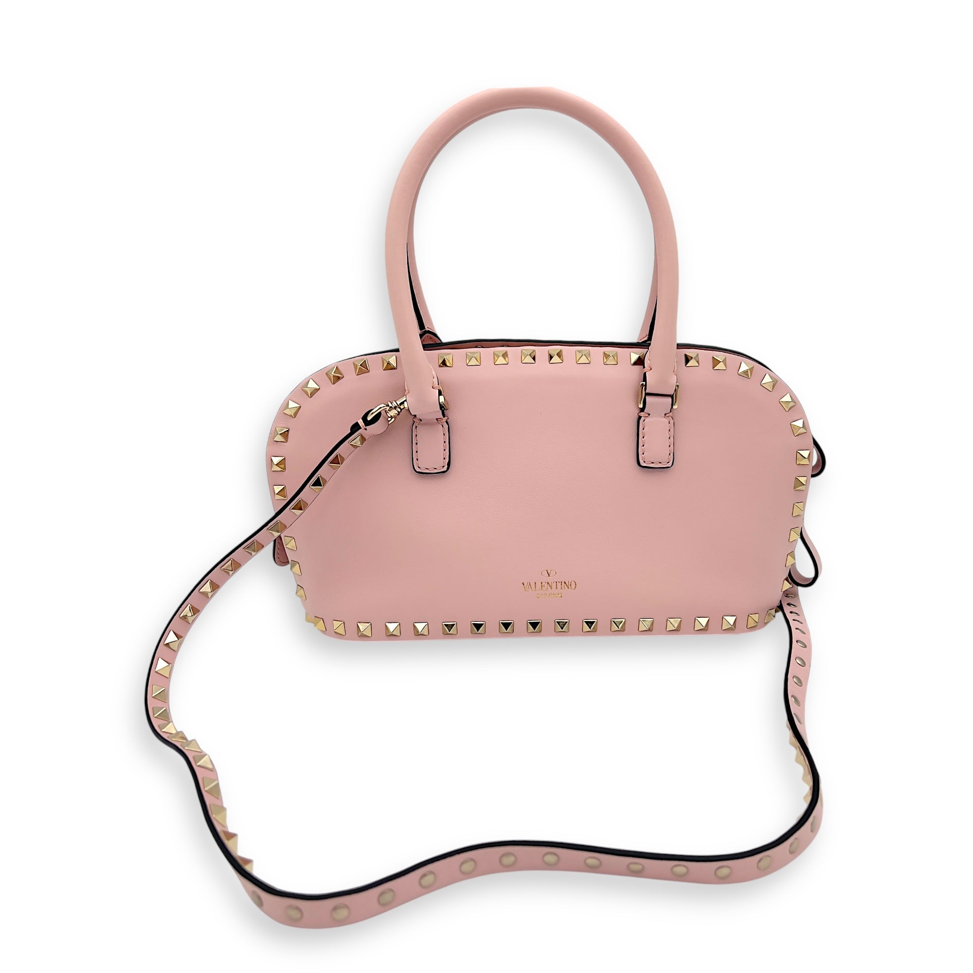 Valentino Rockstud Top Handle Bag Pink in Calfskin, Gold hardware_9