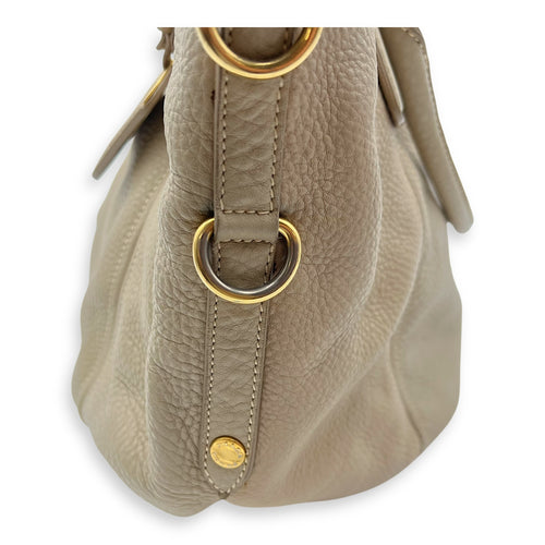 Prada Logo Top Handle Bag Beige in Calfskin, Gold hardware_11