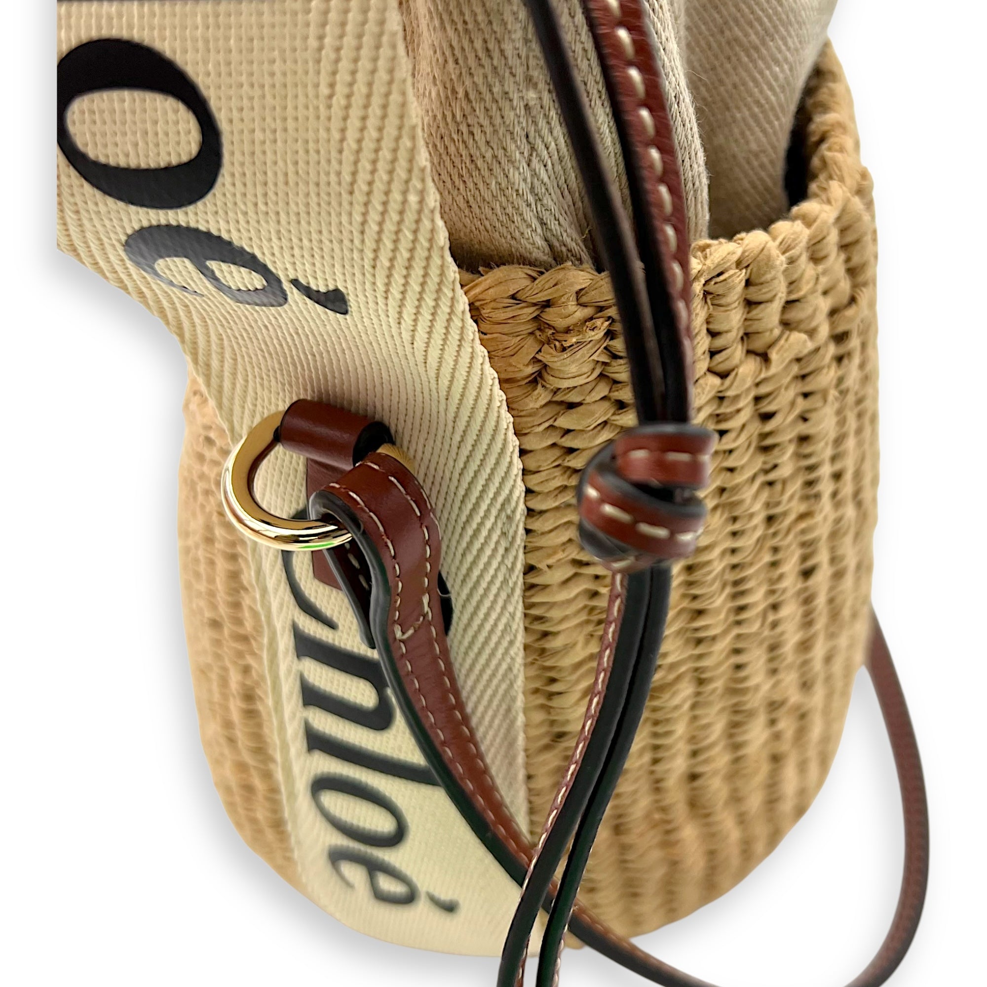 Chloé Bucket Crossbody Bag Brown in Jute, Gold hardware_11