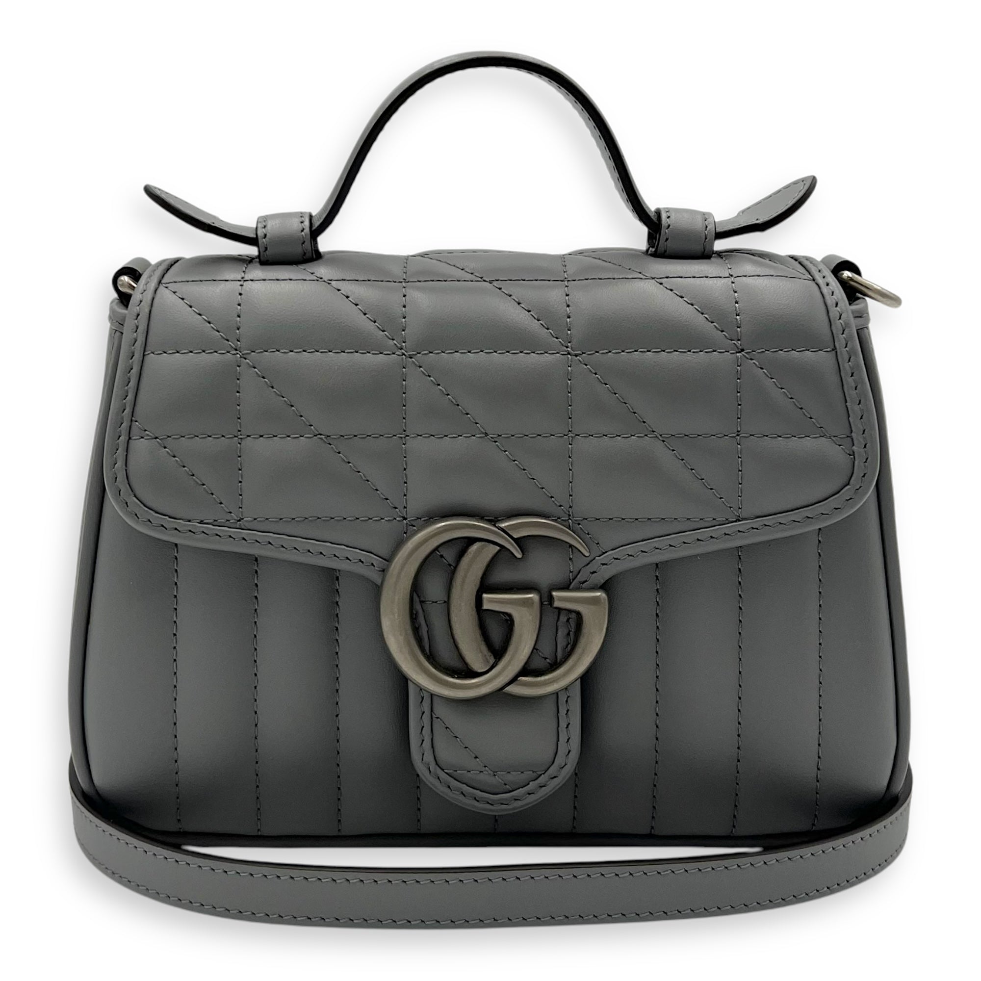 Gucci Marmont Top Handle Bag Blue in Calfskin, Gunmetal hardware_11