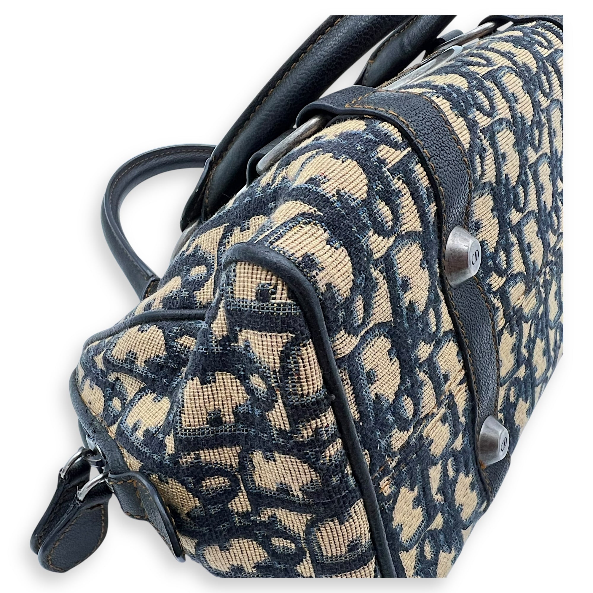 Christian Dior Trotteur Top Handle Bag Blue in Jacquard, Ruthenium hardware_11