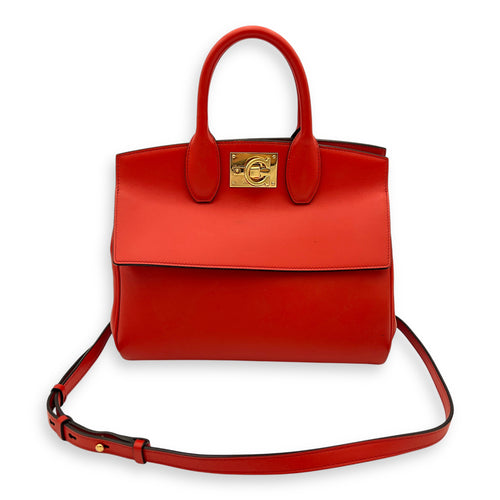 Salvatore Ferragamo Studio Red Top Handle Bag in Calfskin, Gold hardware_7