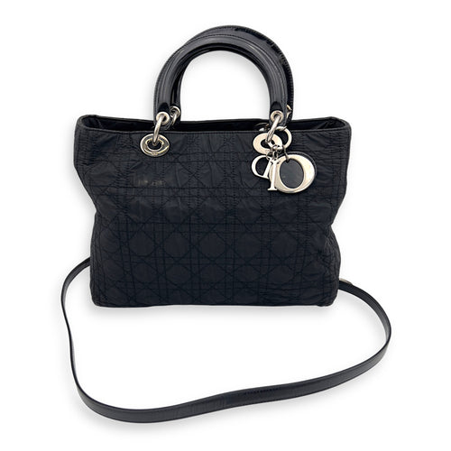 Christian Dior Lady Dior Black Top Handle Bag in Nylon, Silver hardware_9