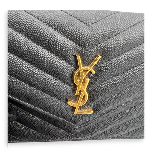 Saint Laurent Cassandre Wallet On Chain Black in Calfskin, Gold hardware_10