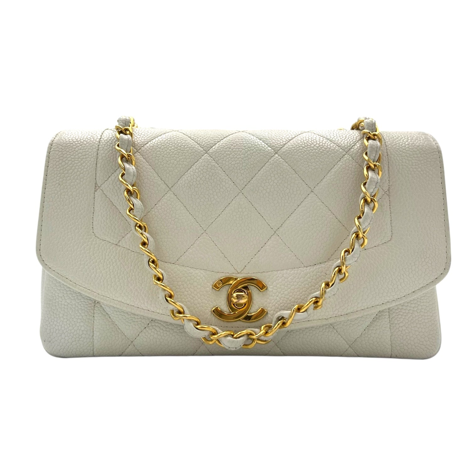 Chanel Diana Shoulder Bag White in Caviar Leather, Gold hardware_11