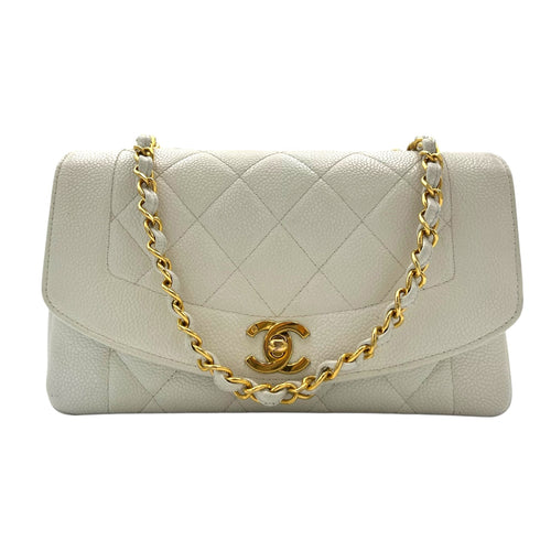 Chanel Diana Shoulder Bag White in Caviar Leather, Gold hardware_11