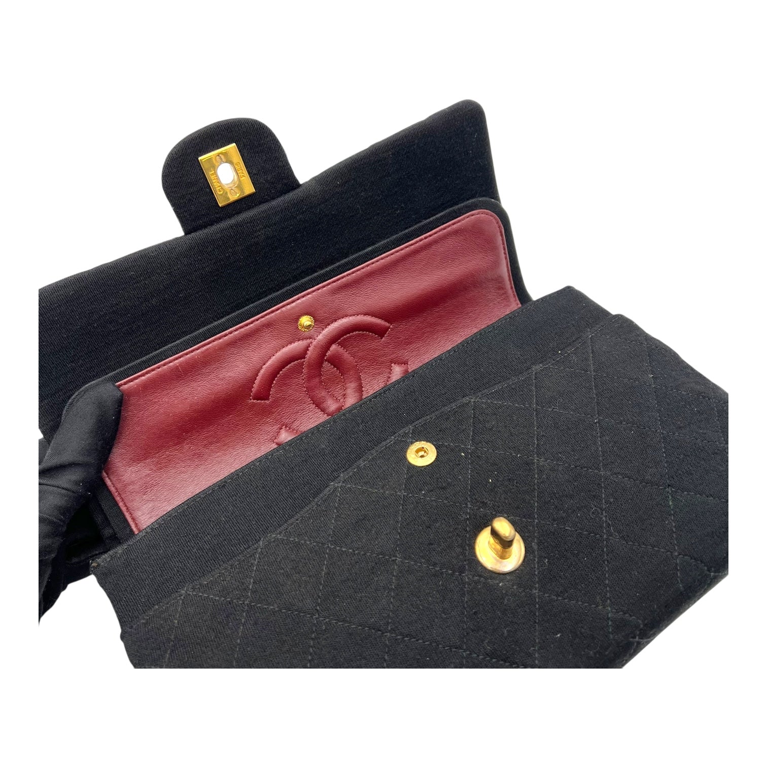 Chanel Classic Shoulder Bag Black in Jersey, Gold hardware_11