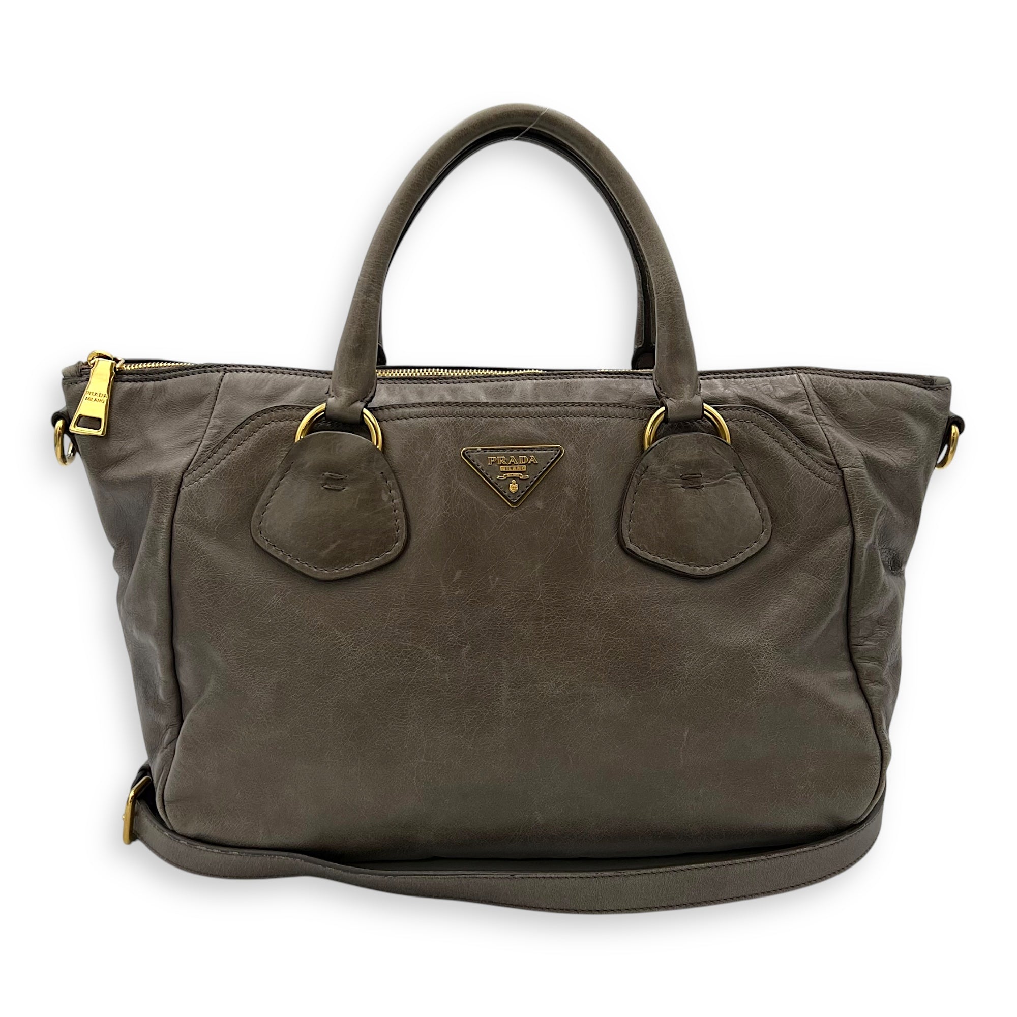 Prada 2 way bag Top Handle Bag Brown in Calfskin, Gold hardware_11