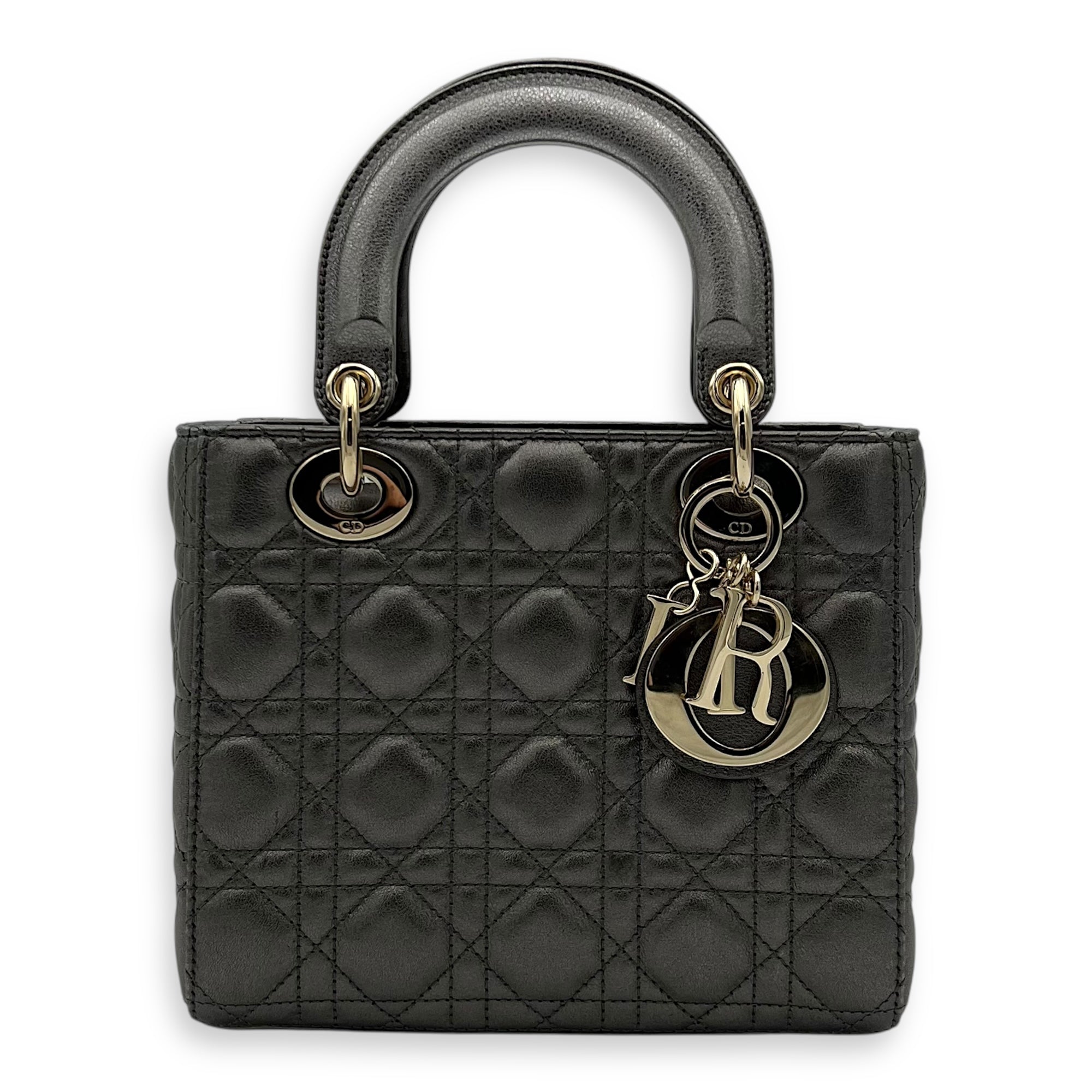 Christian Dior Lady Dior Small Grey Top Handle Bag in Calfskin, Gold hardware_1