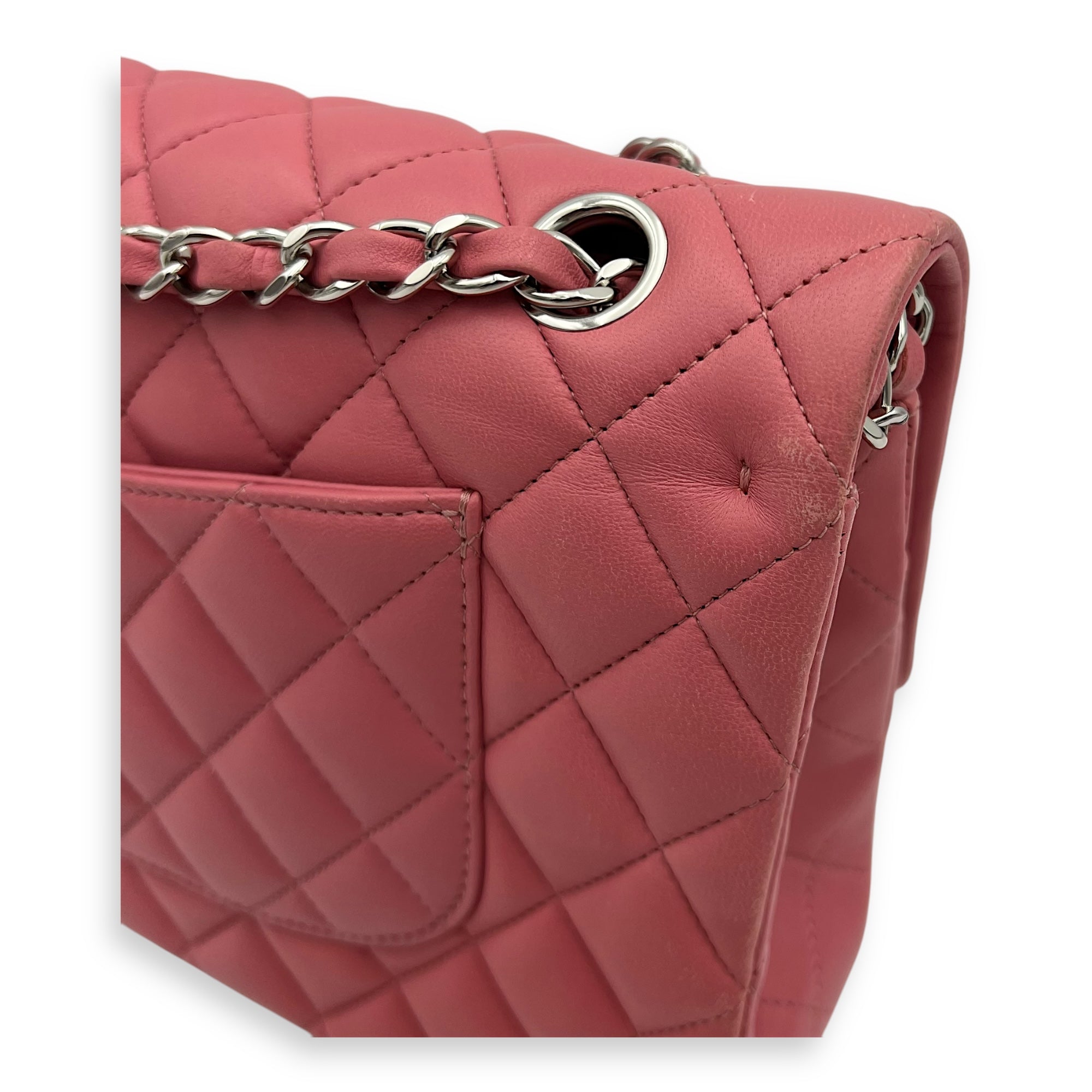 Chanel Classic Medium Pink Shoulder Bag in Lambskin, Silver hardware_8