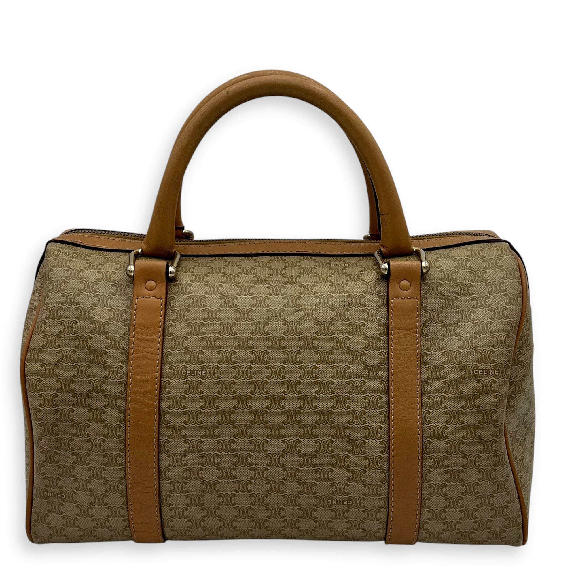 Celine Vintage Macadam Boston Top Handle Bag Beige in Coated