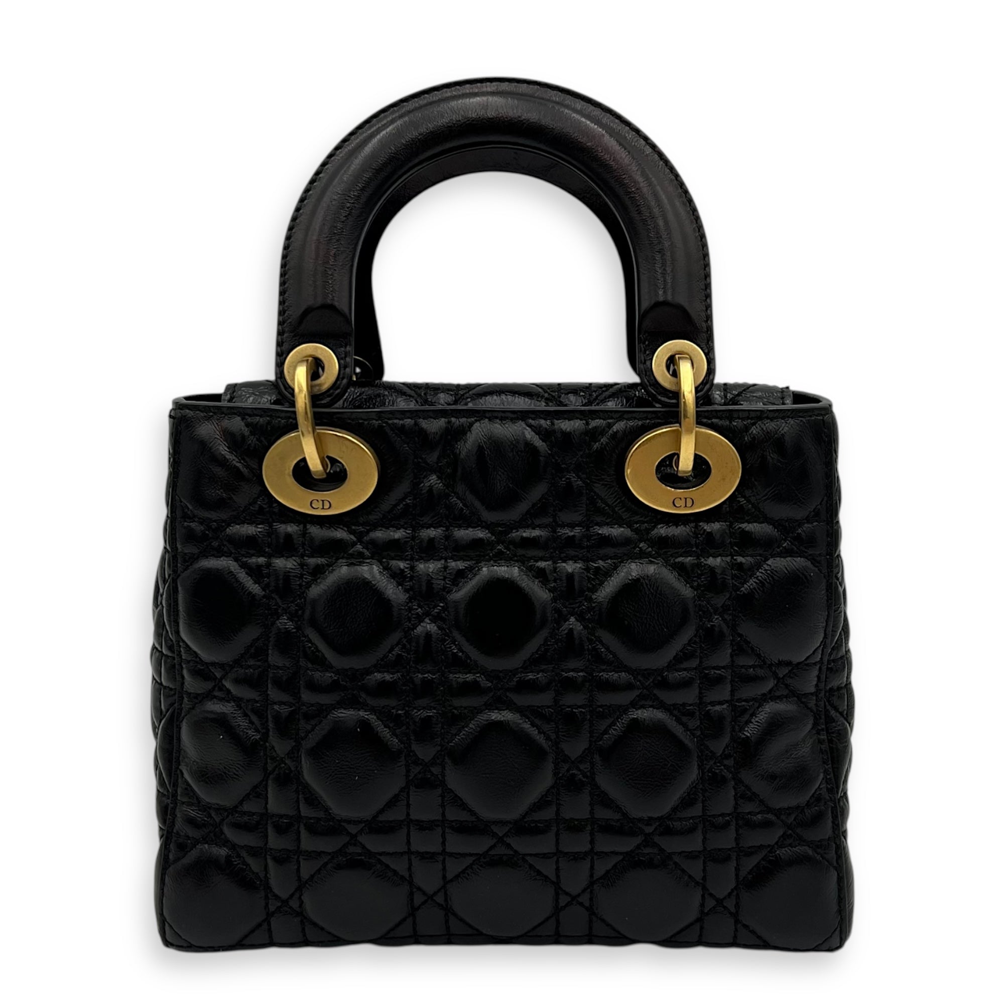 Christian Dior Lady Dior Top Handle Bag Small Black in Calfskin, Gold hardware_2