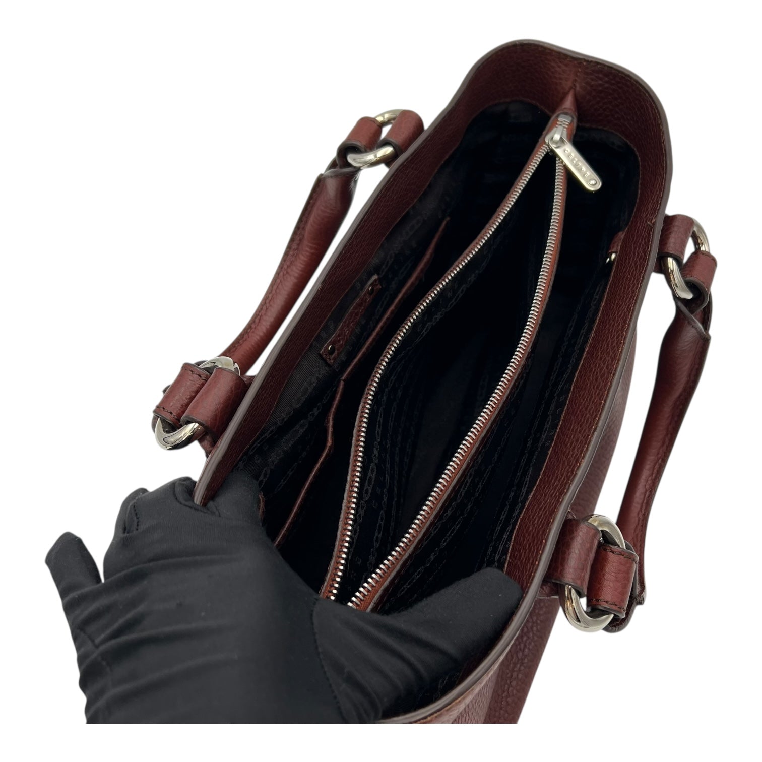 Celine Boogie Top Handle Bag Brown in Calfskin, Silver hardware_11