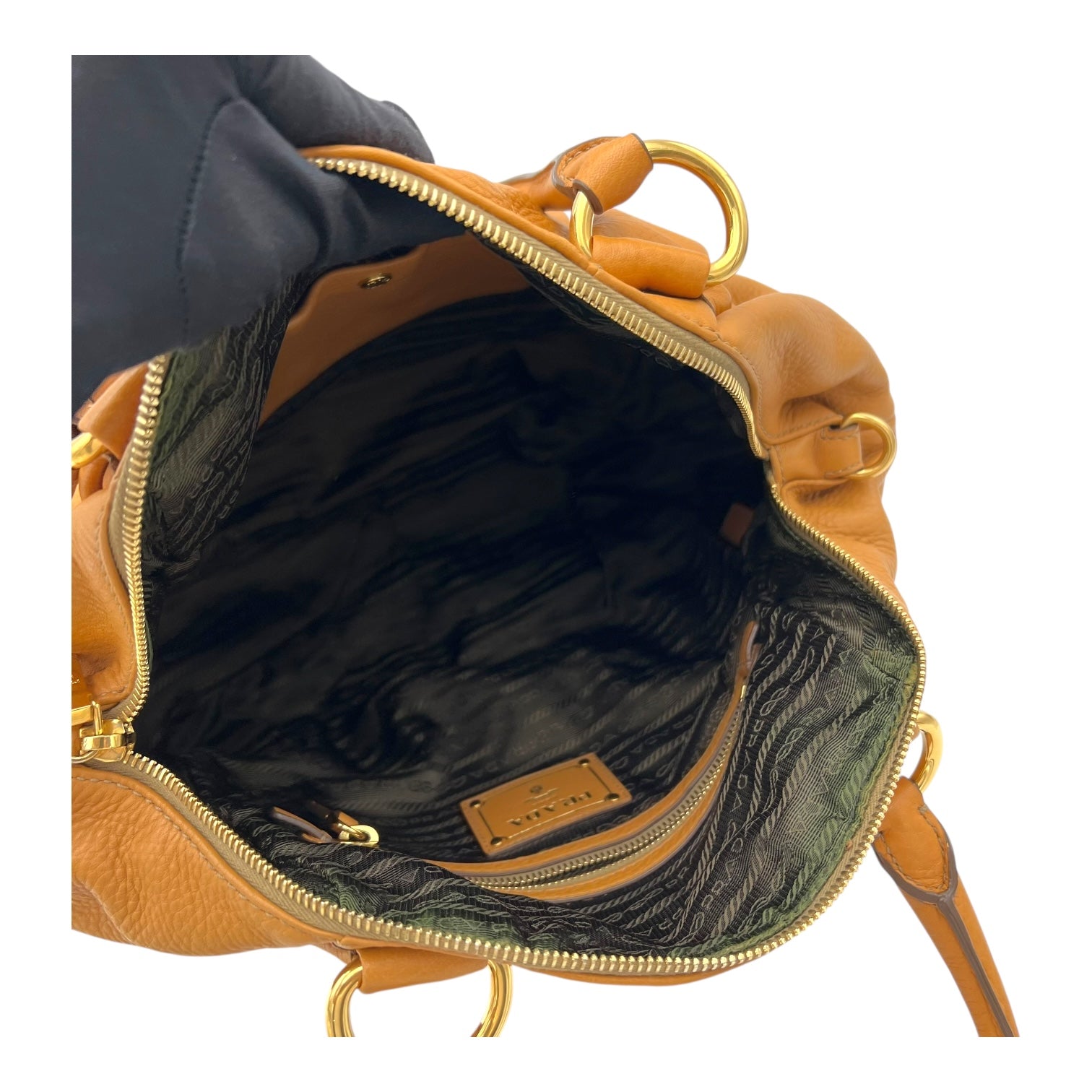 Prada Logo Top Handle Bag Yellow in Calfskin, Gold hardware_11