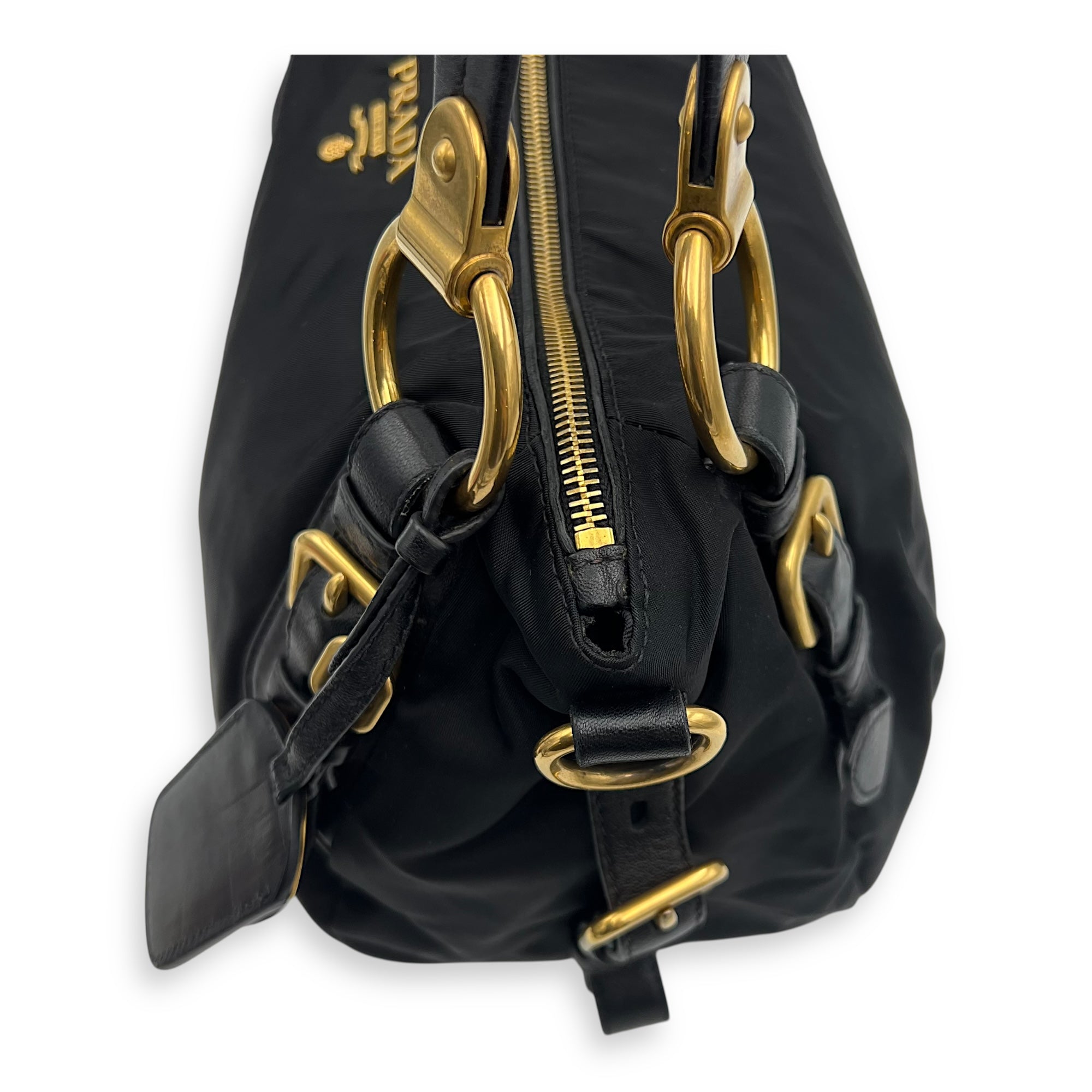 Prada Logo Top Handle Bag Black in Nylon, Gold hardware_11