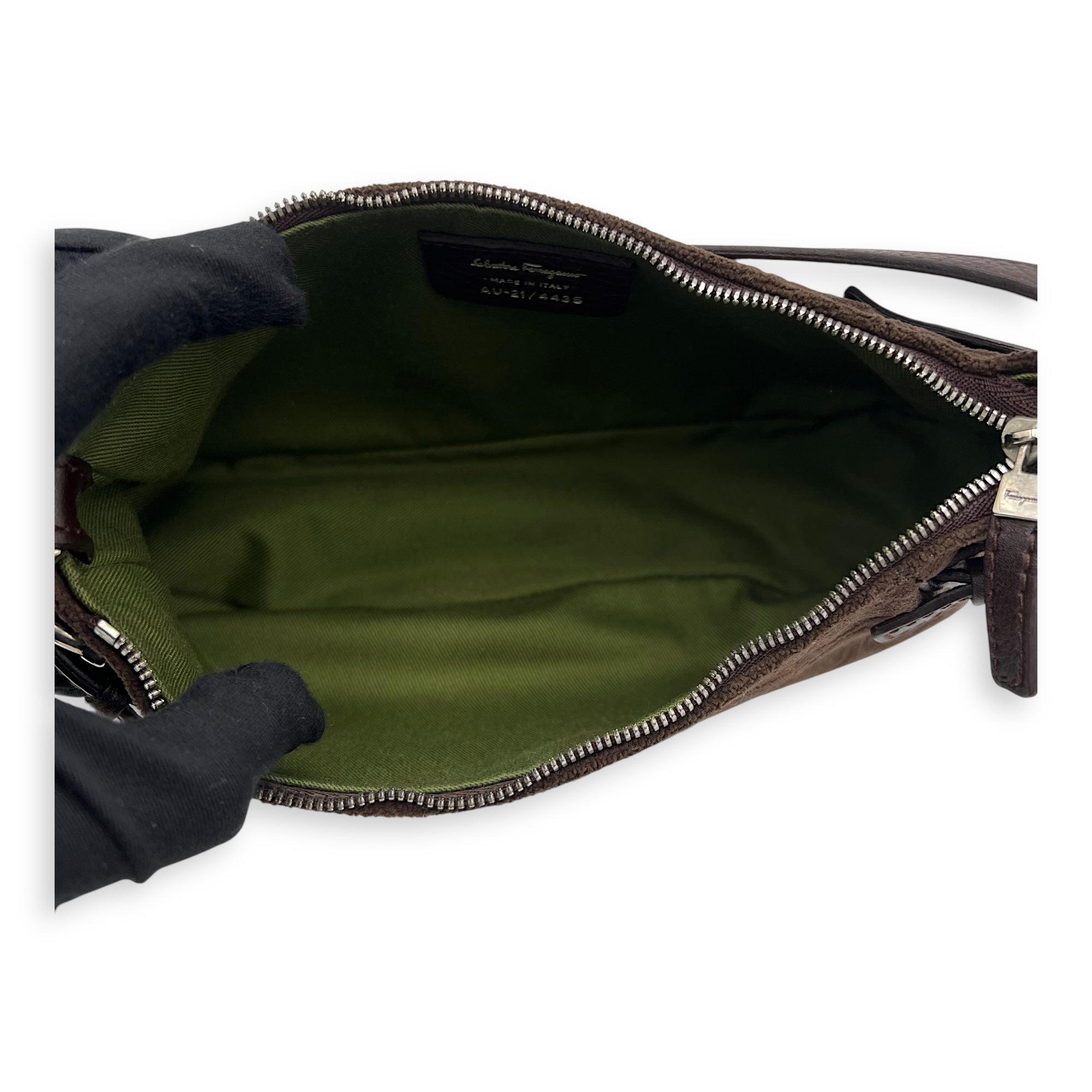 Salvatore Ferragamo Gancini Brown Shoulder Bag in Fabric, Silver hardware_6