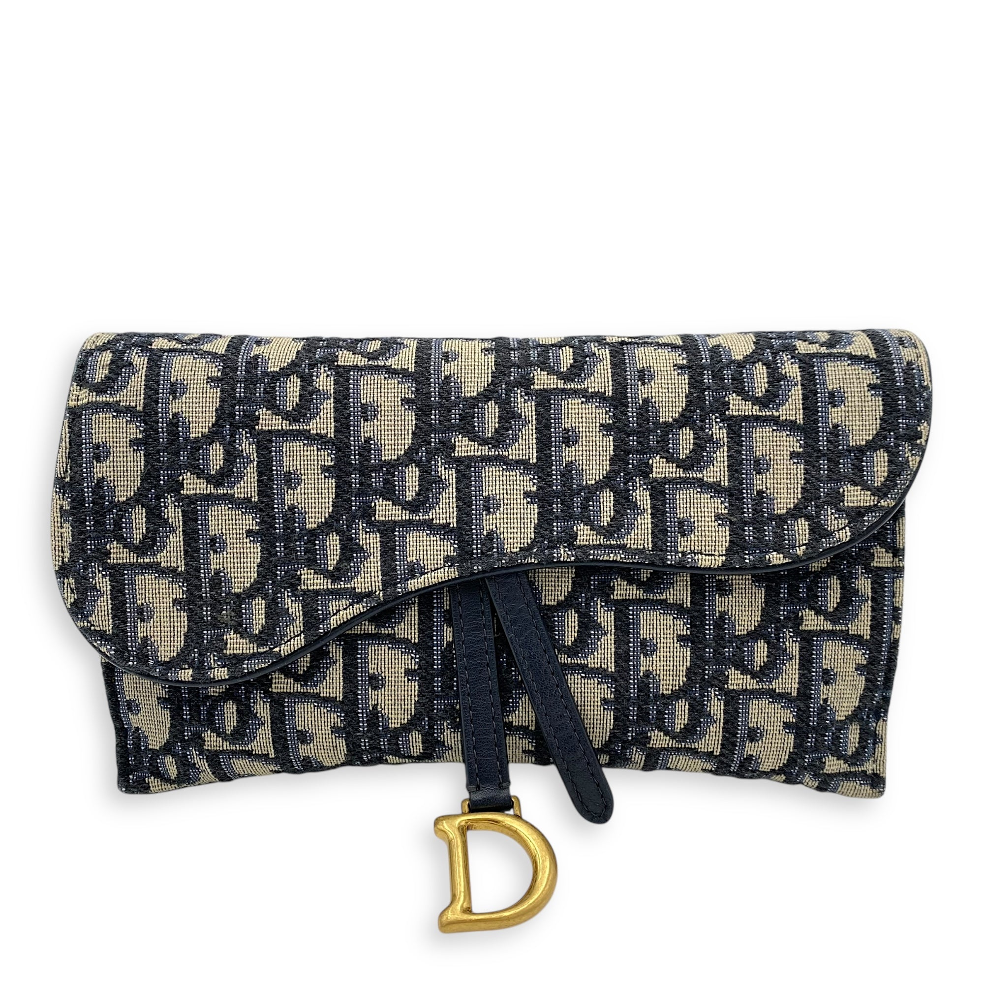 Christian Dior Saddle Wallet On Chain Blue in Jacquard, Gold hardware_1