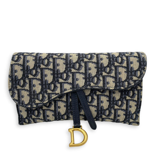 Christian Dior Saddle Wallet On Chain Blue in Jacquard, Gold hardware_1