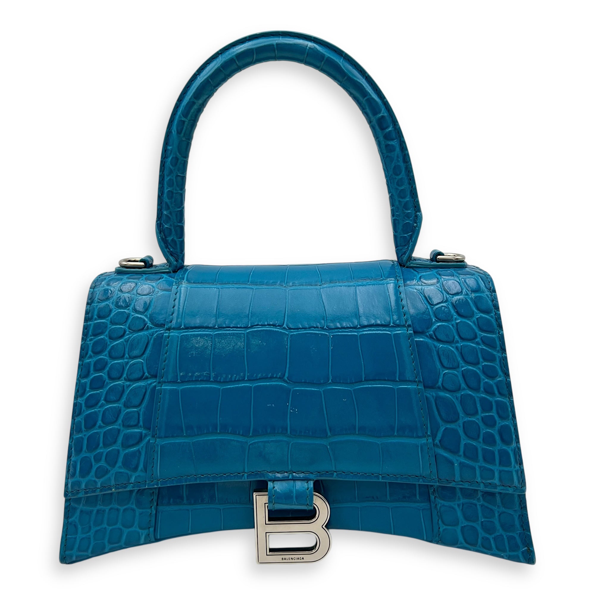 Balenciaga Hourglass Top Handle Bag Blue in Crocodile Embossed Calfskin, Silver hardware_1
