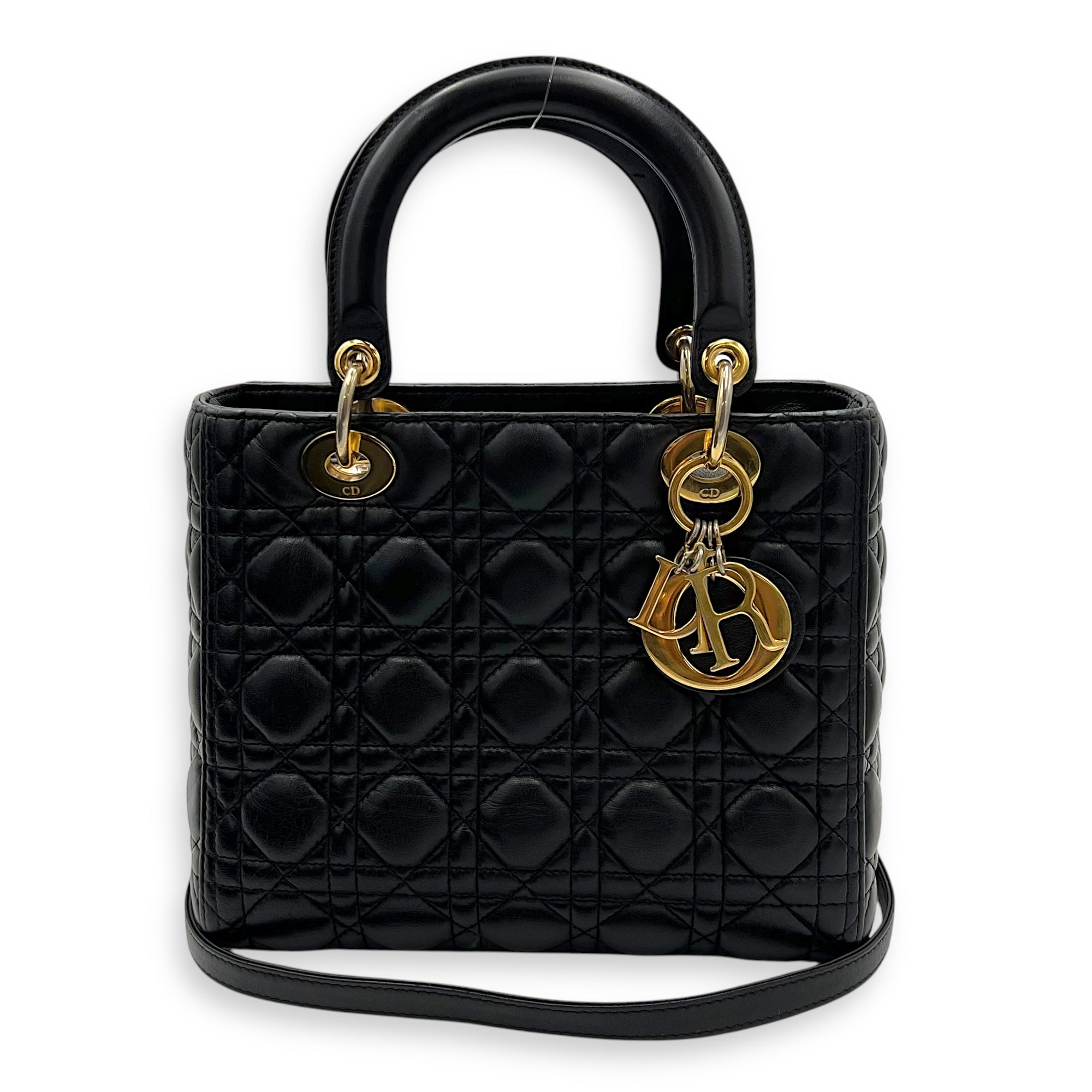 Christian Dior Lady Dior Top Handle Bag Black in Lambskin, Gold hardware_11
