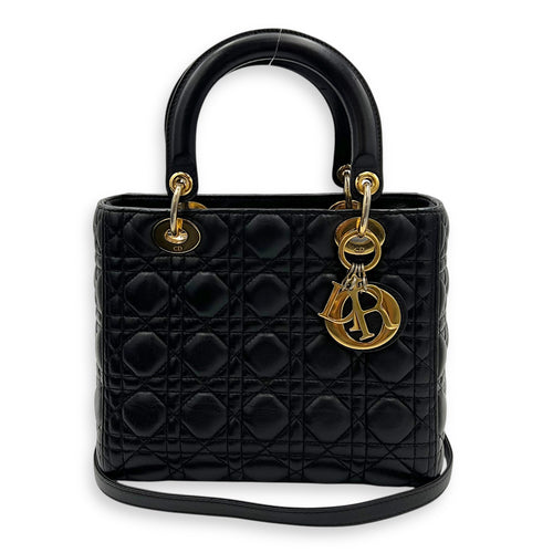 Christian Dior Lady Dior Top Handle Bag Black in Lambskin, Gold hardware_11