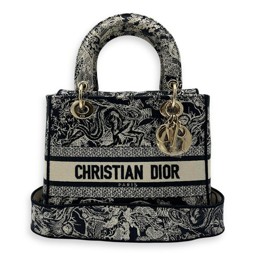Christian Dior Lady Dior Medium Blue Top Handle Bag in Jacquard, Gold hardware_11