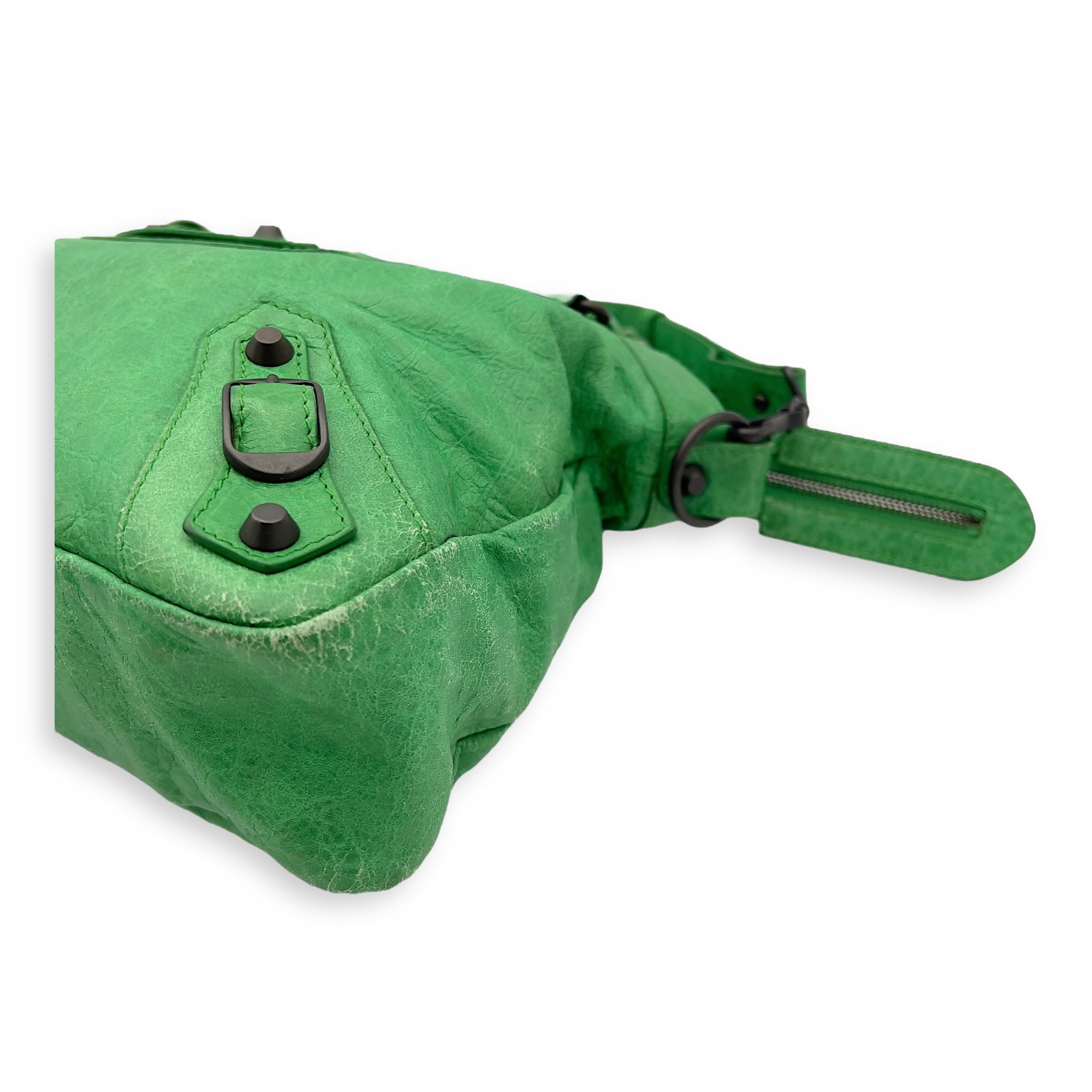 Balenciaga Motorcycle Town Green Top Handle Bag in Distressed Leather, Gunmetal hardware_13