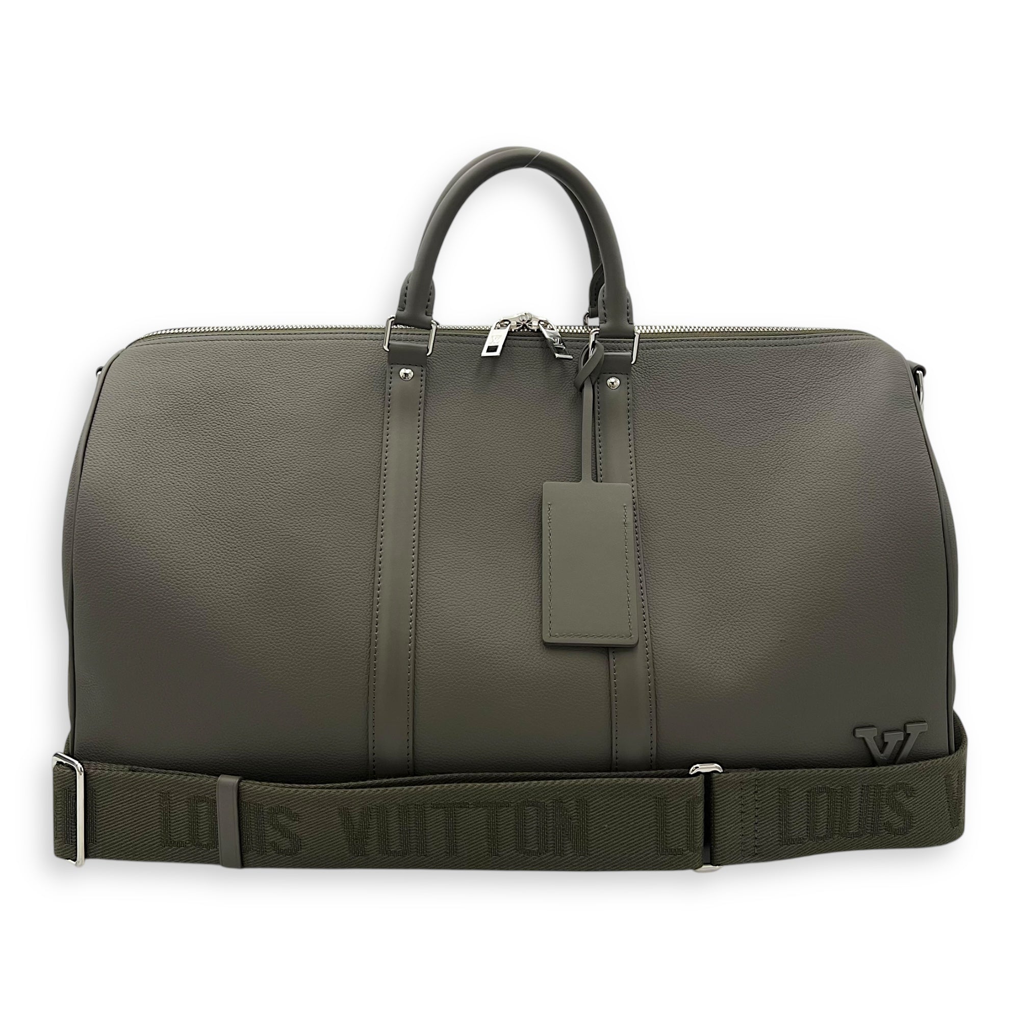 Louis Vuitton Keepall 50 Grey Top Handle Bag in Aerogram Leather, Silver hardware_11