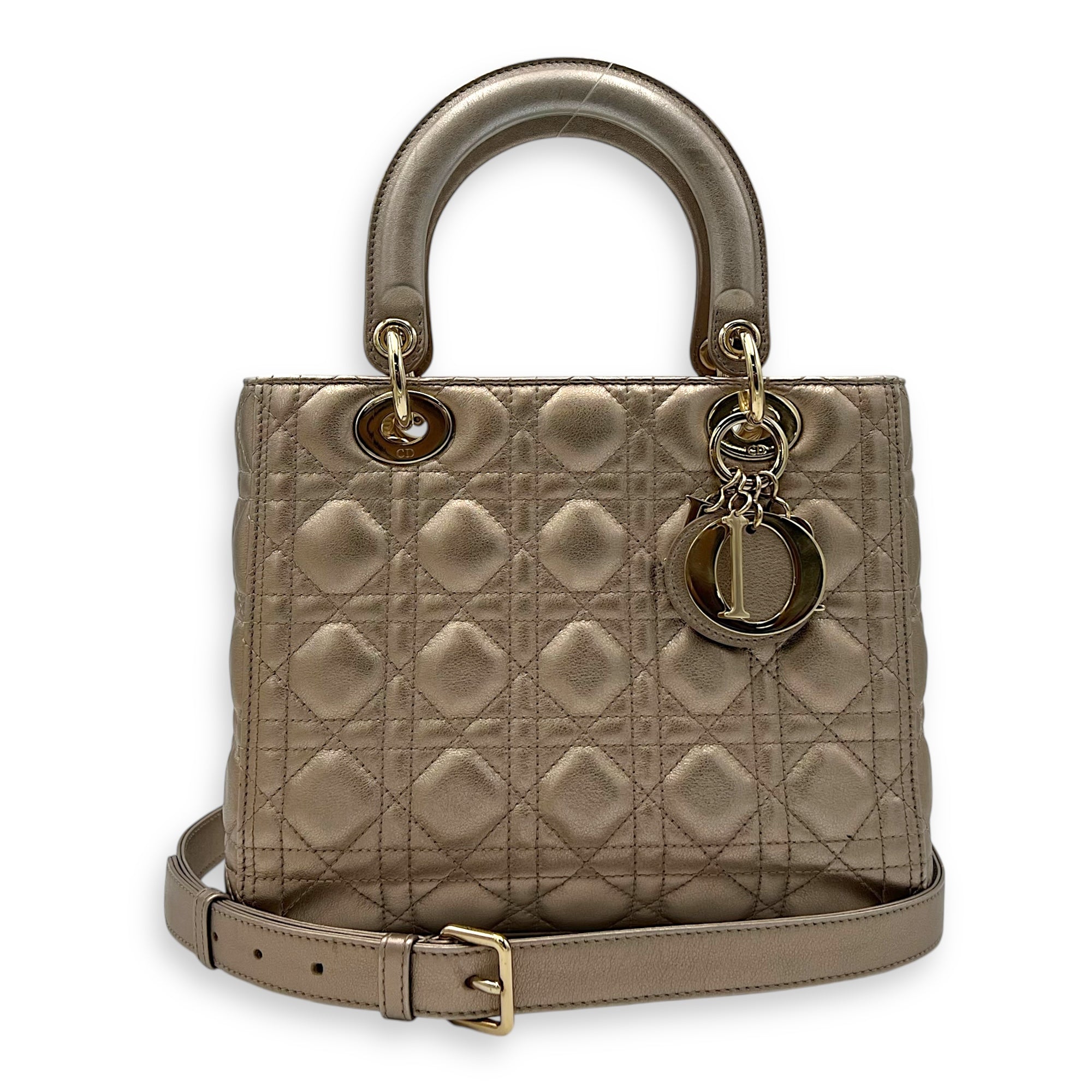Christian Dior Lady Dior Medium Bronze Top Handle Bag in Lambskin, Gold hardware_11