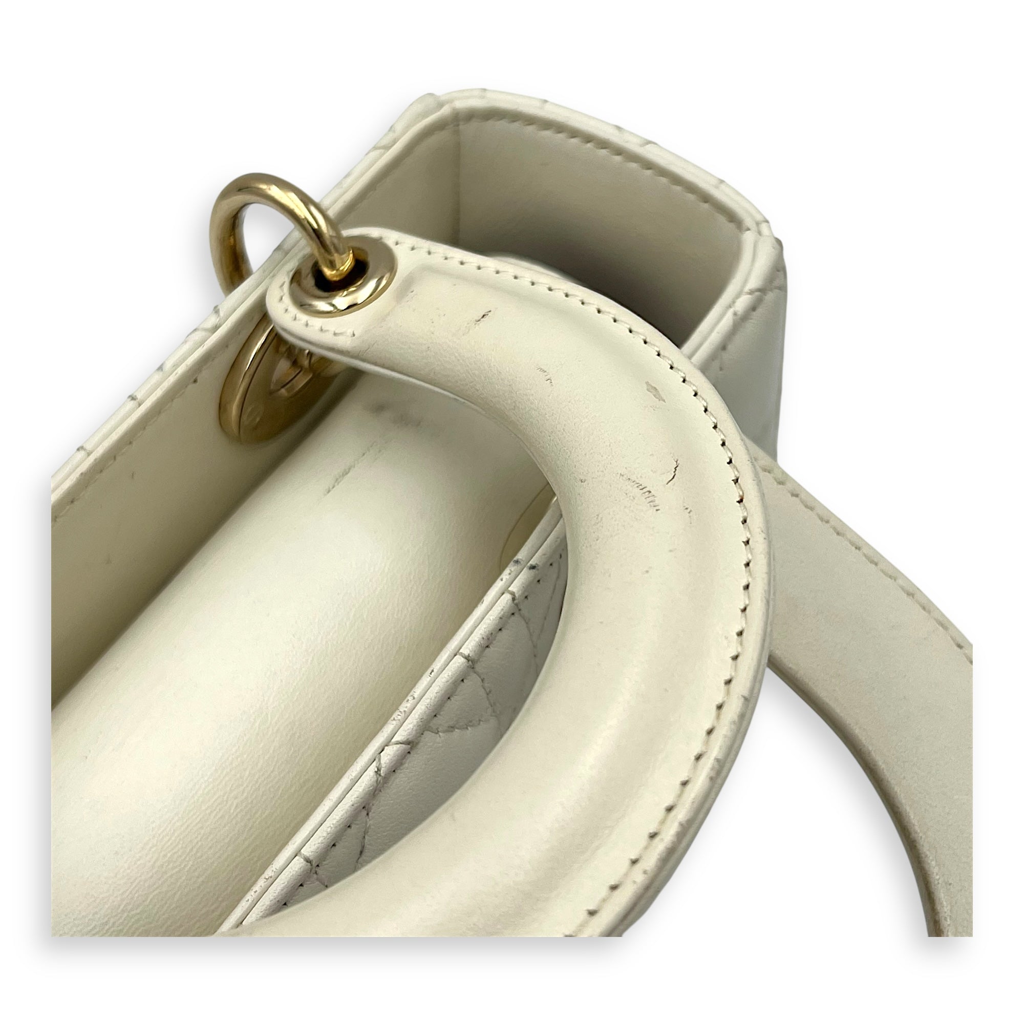 Christian Dior Lady Dior Small White Top Handle Bag in Lambskin, Gold hardware_11