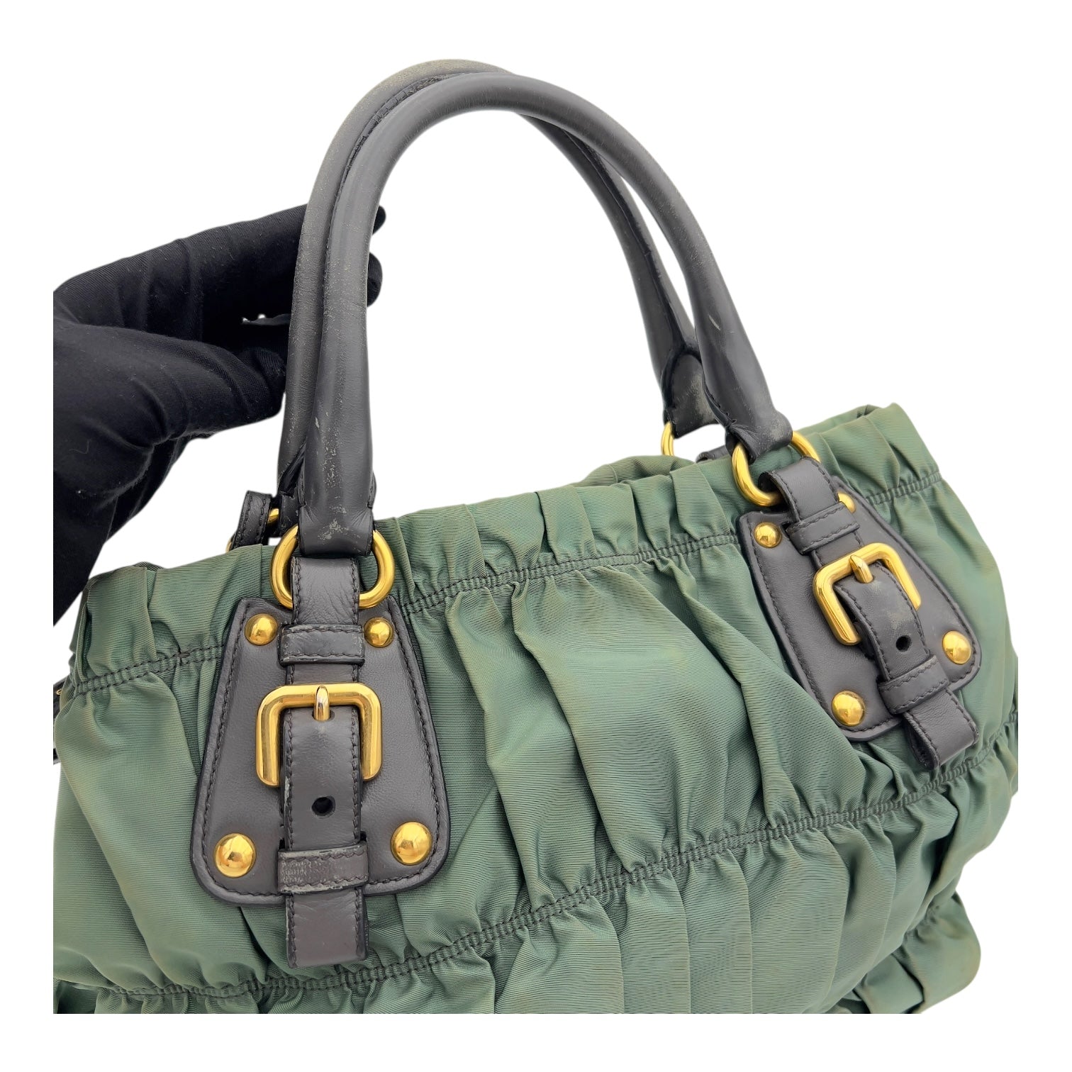 Prada Gaufre Top Handle Bag Green in Nylon, Gold hardware_13