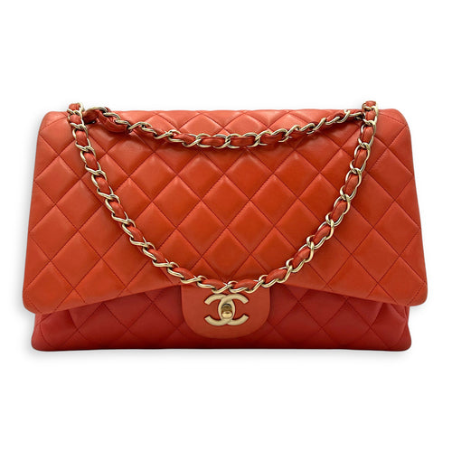 Chanel Classic Orange Shoulder Bag in Lambskin, Brushed Gold hardware_11