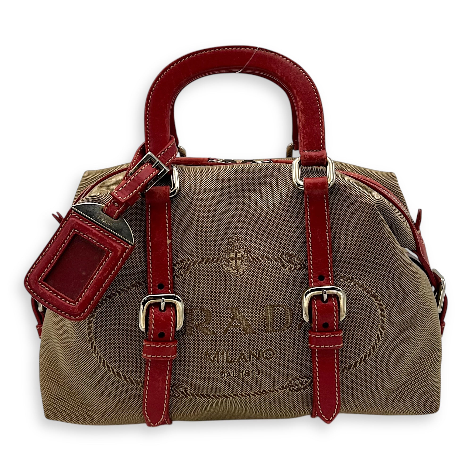Prada Logo Top Handle Bag Brown in Canvas, Silver hardware_11