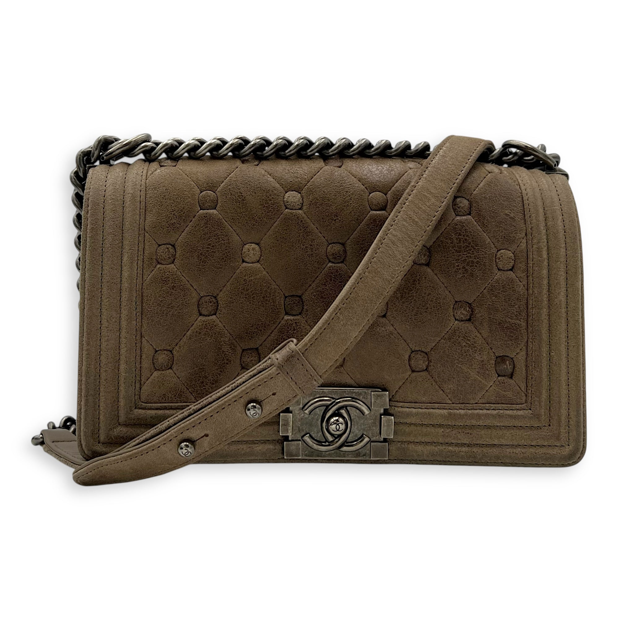 Chanel Boy Shoulder Bag Brown in Suede Leather, Ruthenium hardware_11