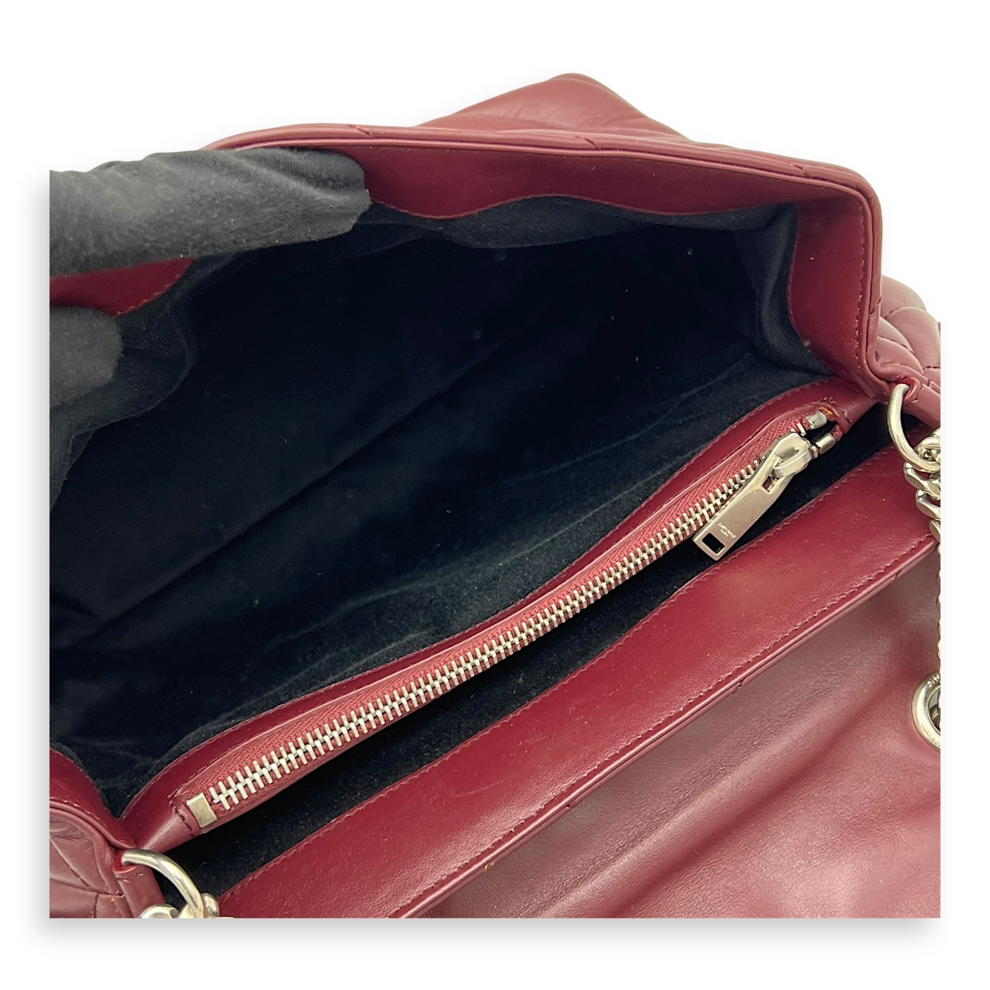 Saint Laurent Loulou Crossbody Bag Medium Red in Calfskin, Silver hardware_11