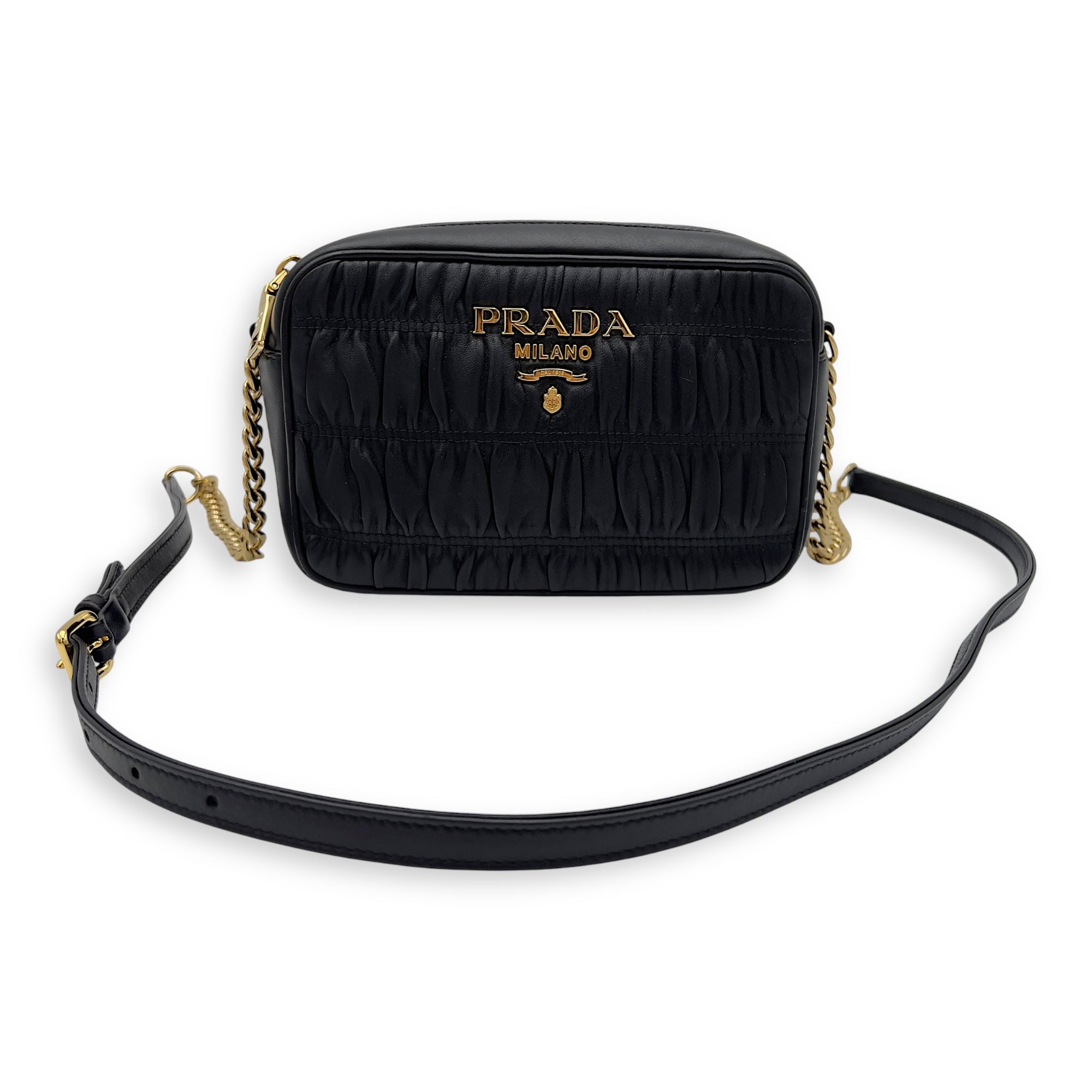 Prada Gaufre Camera Black Crossbody Bag in Lambskin, Gold hardware_9