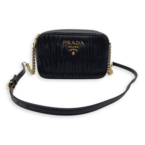 Prada Gaufre Camera Black Crossbody Bag in Lambskin, Gold hardware_9