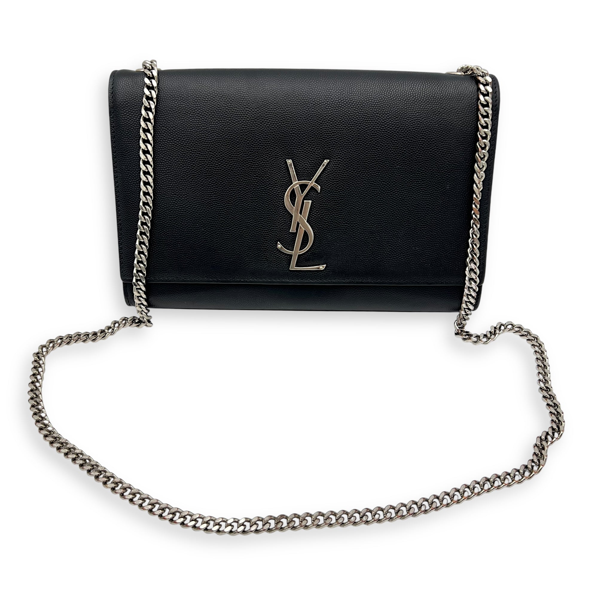 Saint Laurent Kate Crossbody Bag Black in Calfskin, Silver hardware_9
