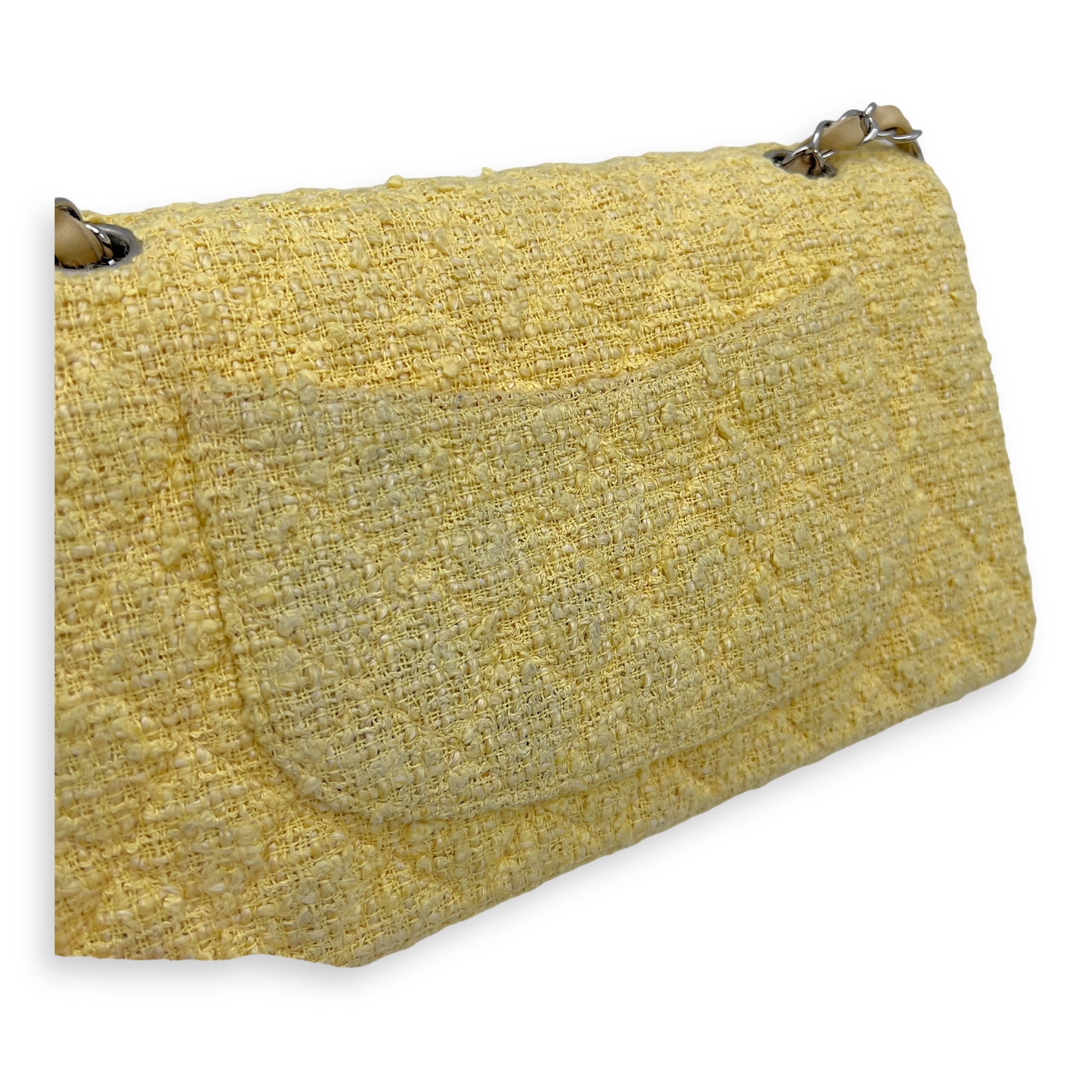 Chanel Classic Shoulder Bag Yellow in Tweed, Silver hardware_9
