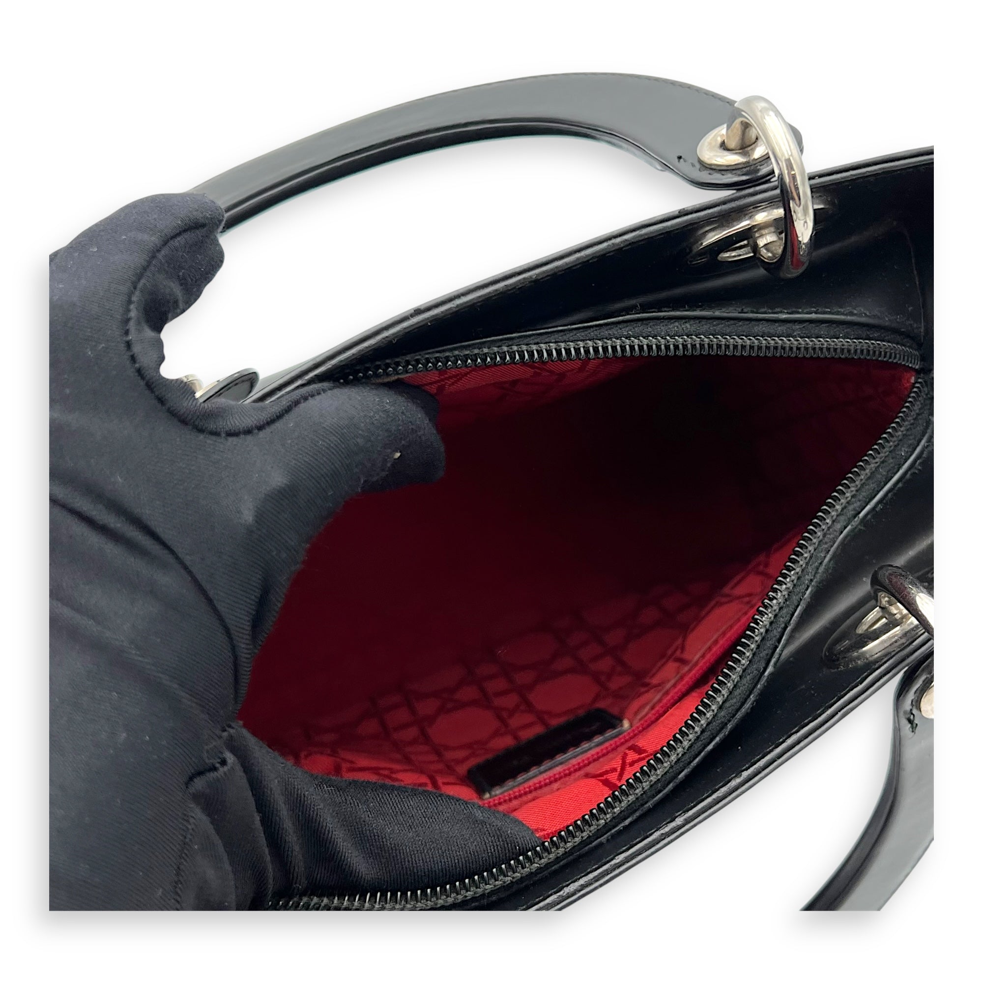Christian Dior Lady Dior Medium Black Top Handle Bag in Calfskin, Silver hardware_11