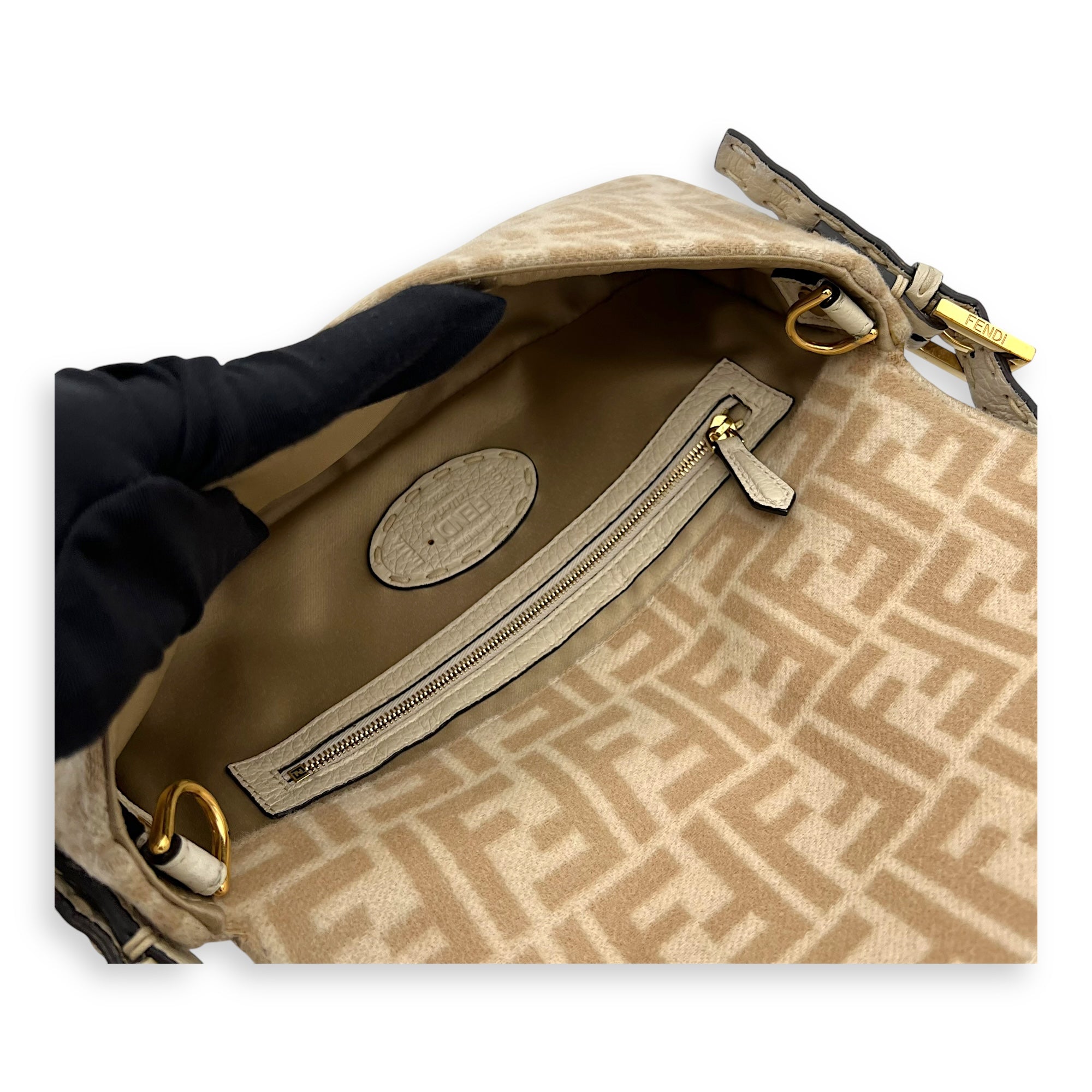 Fendi Seleria baguette Top Handle Bag Small Beige in Fabric, Gold hardware_11