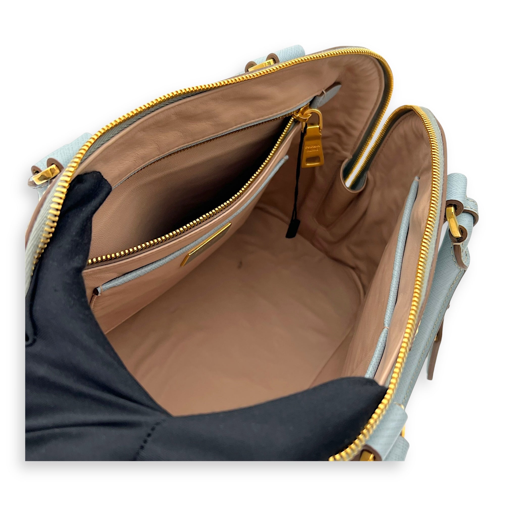 Prada Others Top Handle Bag Blue in Saffiano Leather, Gold hardware_11