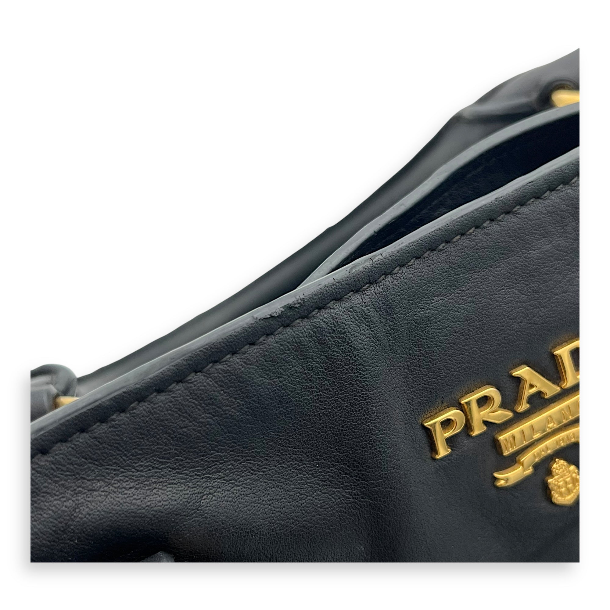 Prada Logo Top Handle Bag Black in Calfskin, Gold hardware_11