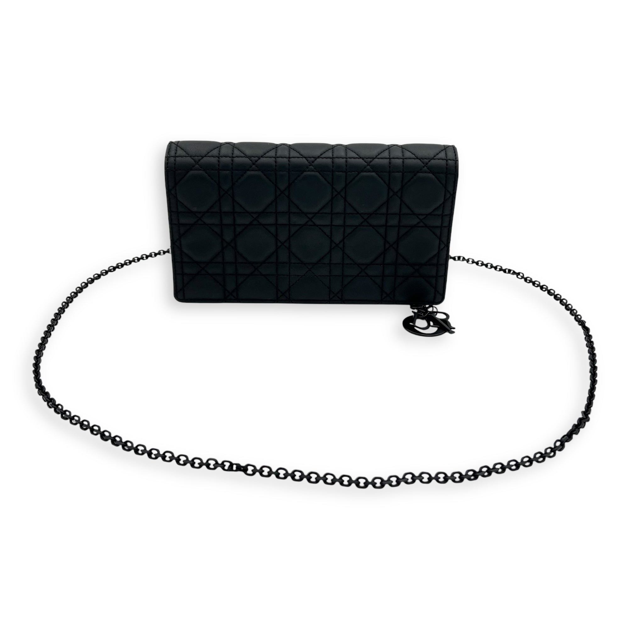 Dior Lady Dior Pouch With Strap Black Wallet On Chain in Calfskin, Silver hardware_12